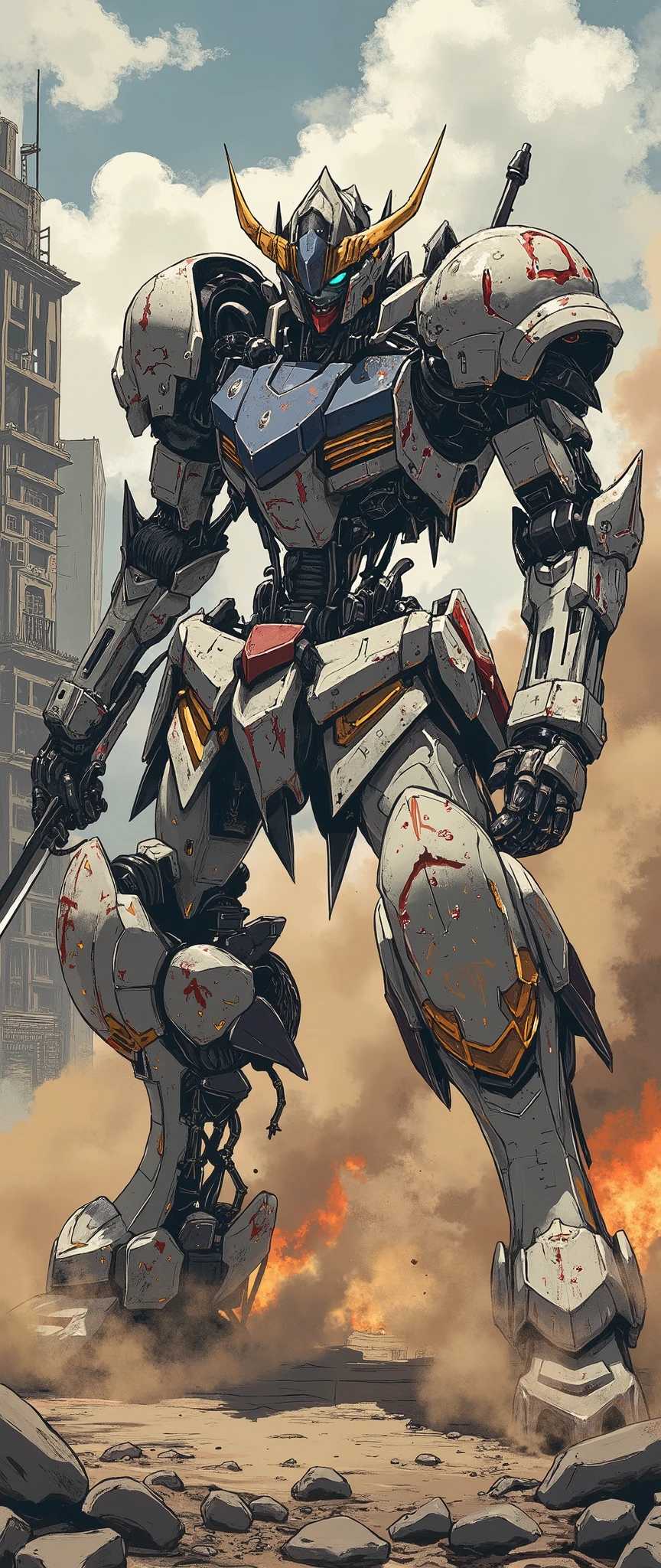 (Giant robots in cities),(gundam_Barbatos ),( The background is a city in battle ),(dynamic),(Hold a large sword like a samurai),( bathed in oil like blood all over the body),(Shining Twin Eyes ),(dust:2.0),(Burning Fire:2.0),( detailed color),( more details:2.0)