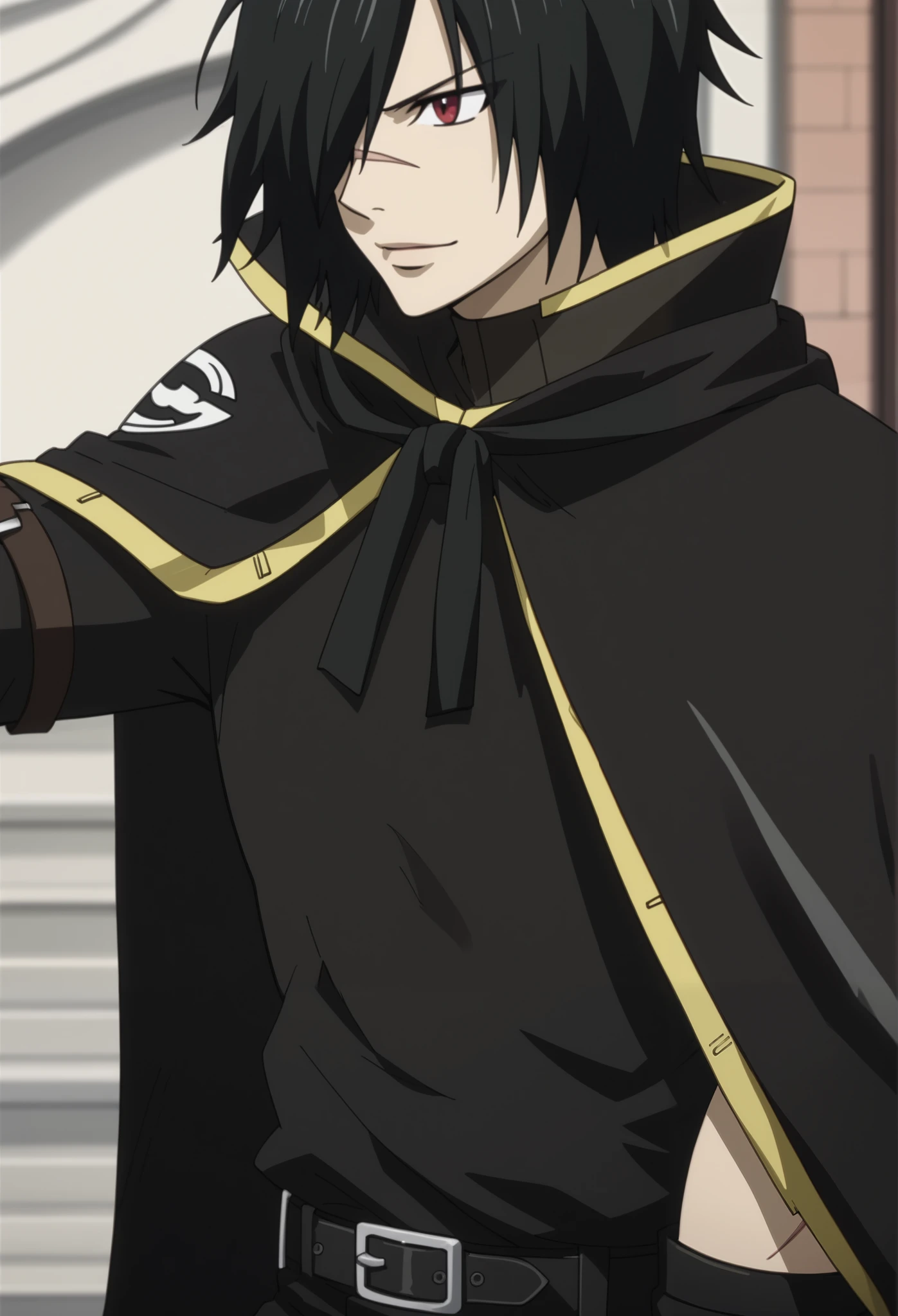 score_9, score_8_up, score_7_up, intricate details, anime screencap, depth of field, official style, 1boy, solo, male focus, rogue_cheney, black hair, red eyes, , hair over one eye, scar, close-up, a dark and elegant outfit, consisting of a long black hooded cloak, close-fitting to the body. He wears a dark long-sleeved shirt under the cape, tight black pants and knee-high leather boots. A simple belt and black gloves complete her look, He is blowing a kiss with his hand, with a tender smile, slight blush, smiles in love.