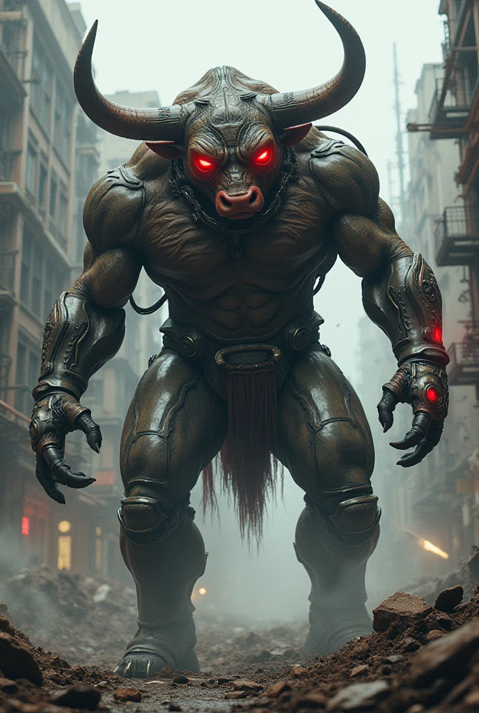 ((foto crua)), ((obra-prima)), Anthropomorphic humanoid bull wearing (((roupas de streetwear))), caminhando furiosamente entre as pessoas, detalhe intrincado, intricate Greebles pieces, city behind, corpo musculoso, (((large muscles))), muscular arms, (small head), Ogro monstruoso, Titan soft lighting, Hiper realista, soft-lighting, Ambiente sinistro