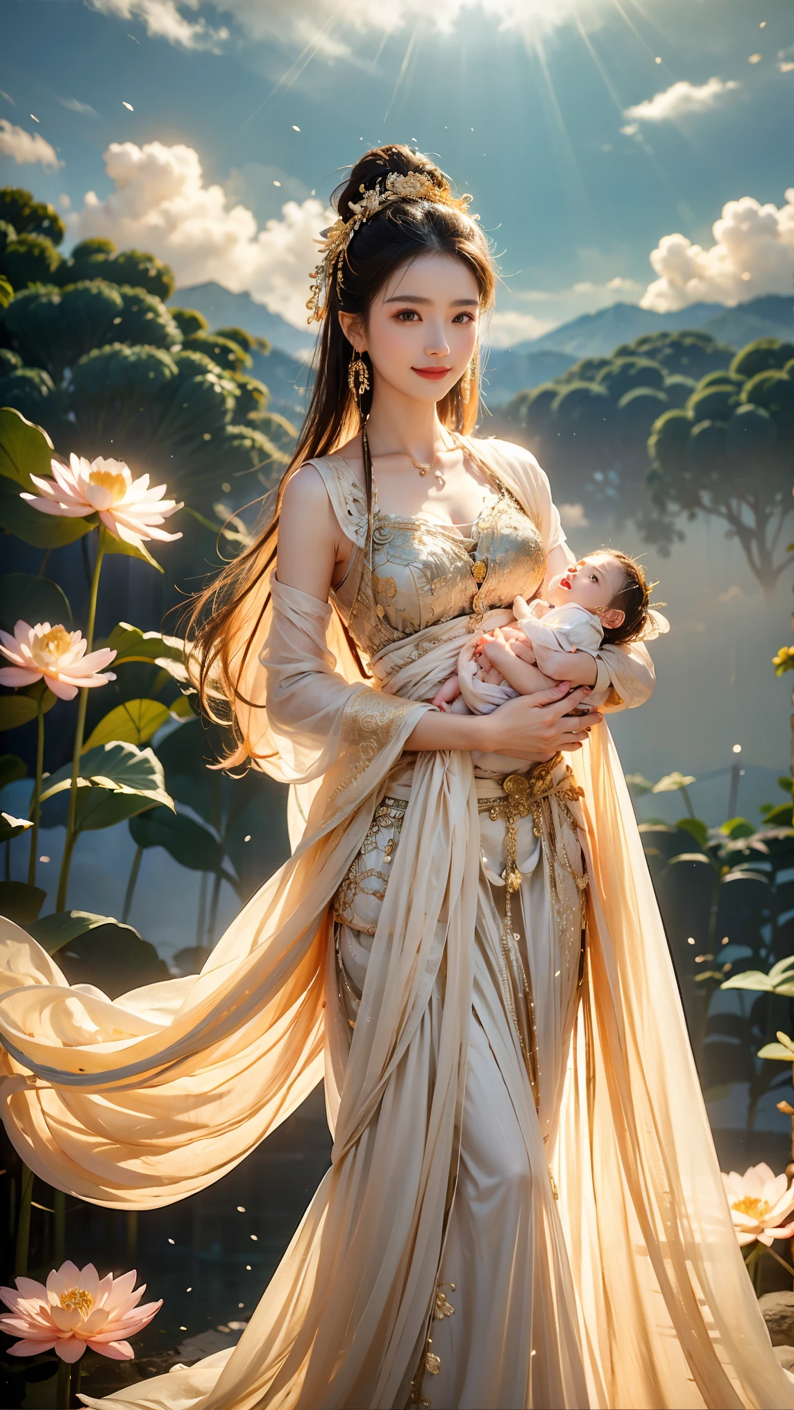 Beautiful Guan yin wearing intricate very brightwhite light flowing fabric and gold jewelry,plump body,stands on lotus flowers,long straight hair,kind,smile,bright white skin,holding a in her arms,clouds,lotus flowers