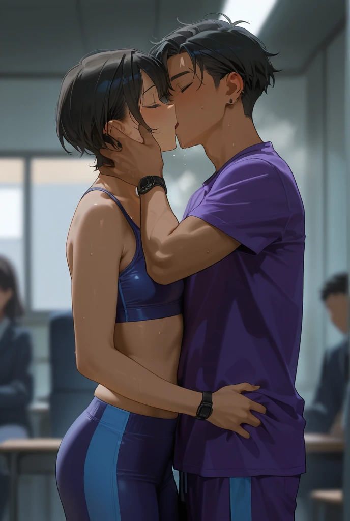 Matsuura kanan love live, long hair, ponytail, blue hair, purple eyes, gym bra, bike shorts, standing, puffy crotch , skindentation , realistic art style ,in street, lake in background, 1boys,1girl,taking selfie with boy , erection under clothes ,hug,hip grab and squeeze, (tongue out:1.2),one eye closed, smile , open mouth
