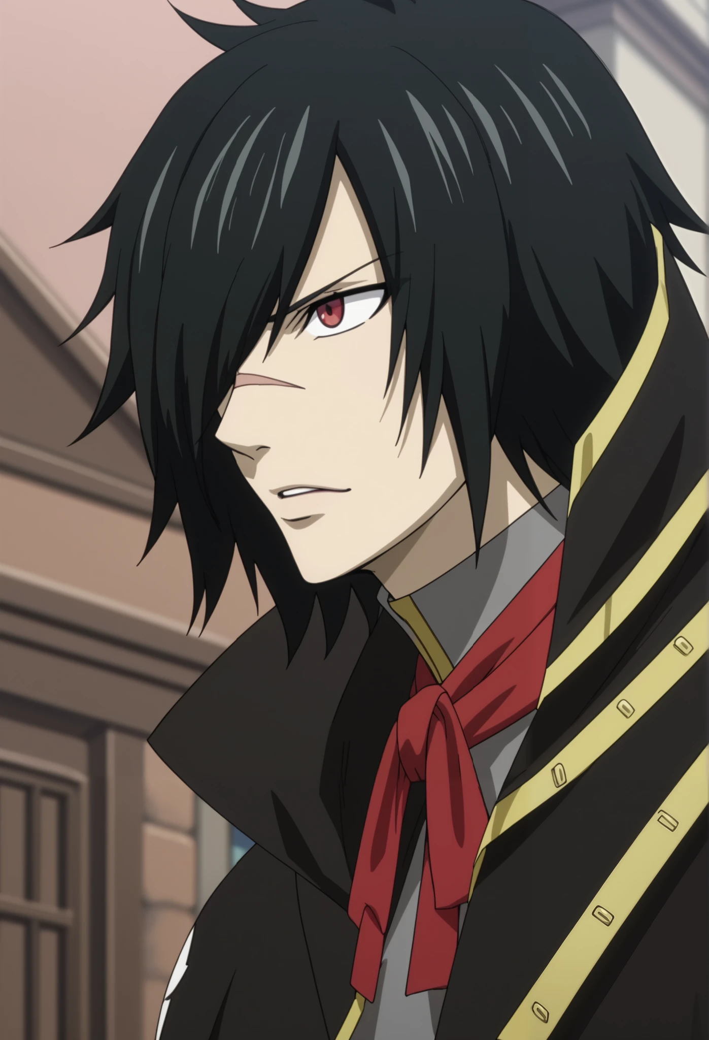 score_9, score_8_up, score_7_up, intricate details, anime screencap, depth of field, 1boy, solo, male focus, rogue_cheney, black hair, red eyes, , hair over one eye, scar, close-up, a dark and elegant outfit, consisting of a long black hooded cloak, close-fitting to the body. He wears a dark long-sleeved shirt under the cape, tight black pants and knee-high leather boots. A simple belt and black gloves complete her look, He is blowing a kiss with his hand, with a tender smile, slight blush, smiles in love.