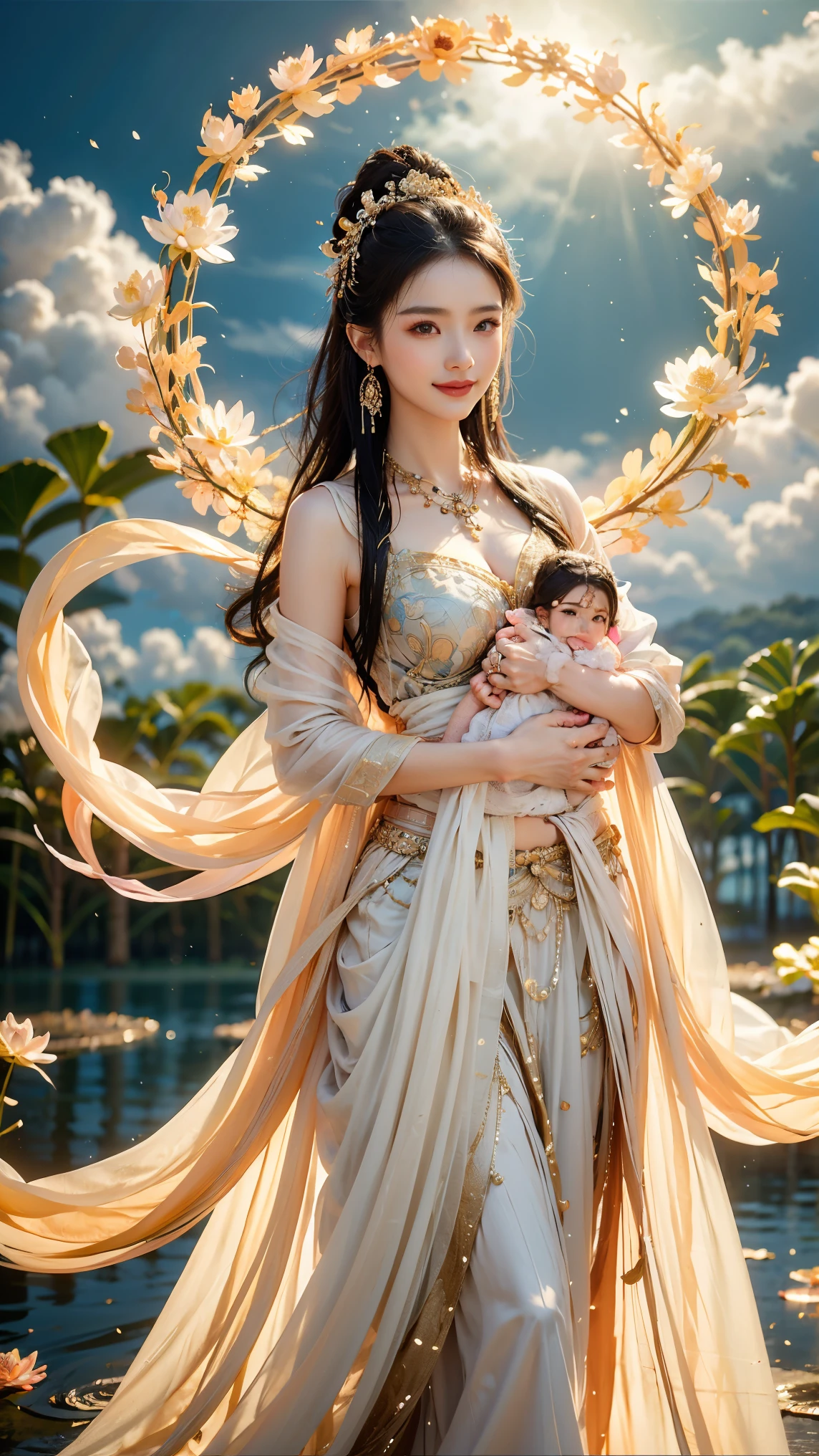 Beautiful Guan yin wearing intricate very brightwhite light flowing fabric and gold jewelry,plump body,stands on lotus flowers,long straight hair,kind,smile,bright white skin,holding a in her arms,clouds,lotus flowers