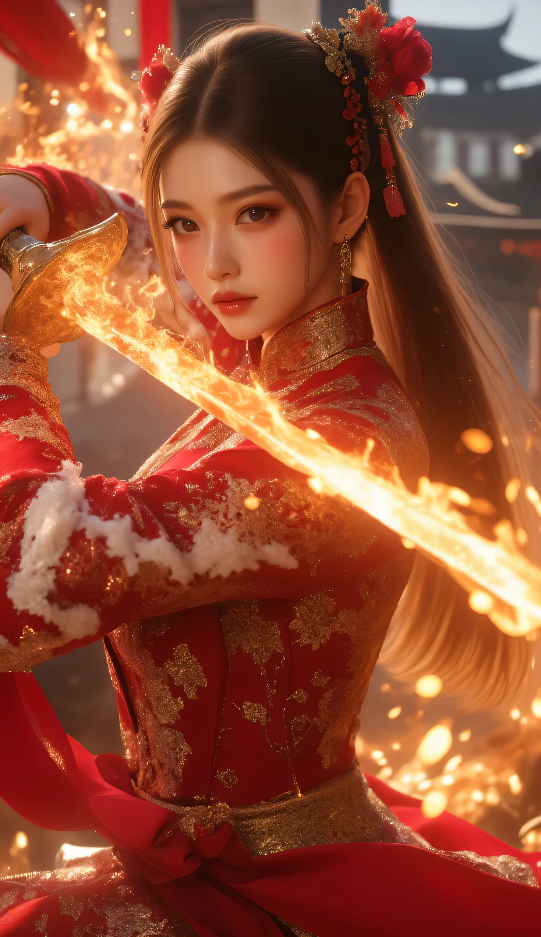 RAW photo, (Random shot, full body in frame, Side view focus, Dutch Angle), ((Asian adult female idol, one-person,) (traditional Chinese dress, one-piece, dark navy, long length, elegant, embroidered, decoration, fascinating,) random posing, stylish, cool, cute, sexy), she fighting Chinese dragon using Chinese steel sword with fire aura around sword , at front ancient Chinese house and buildings, focus on head