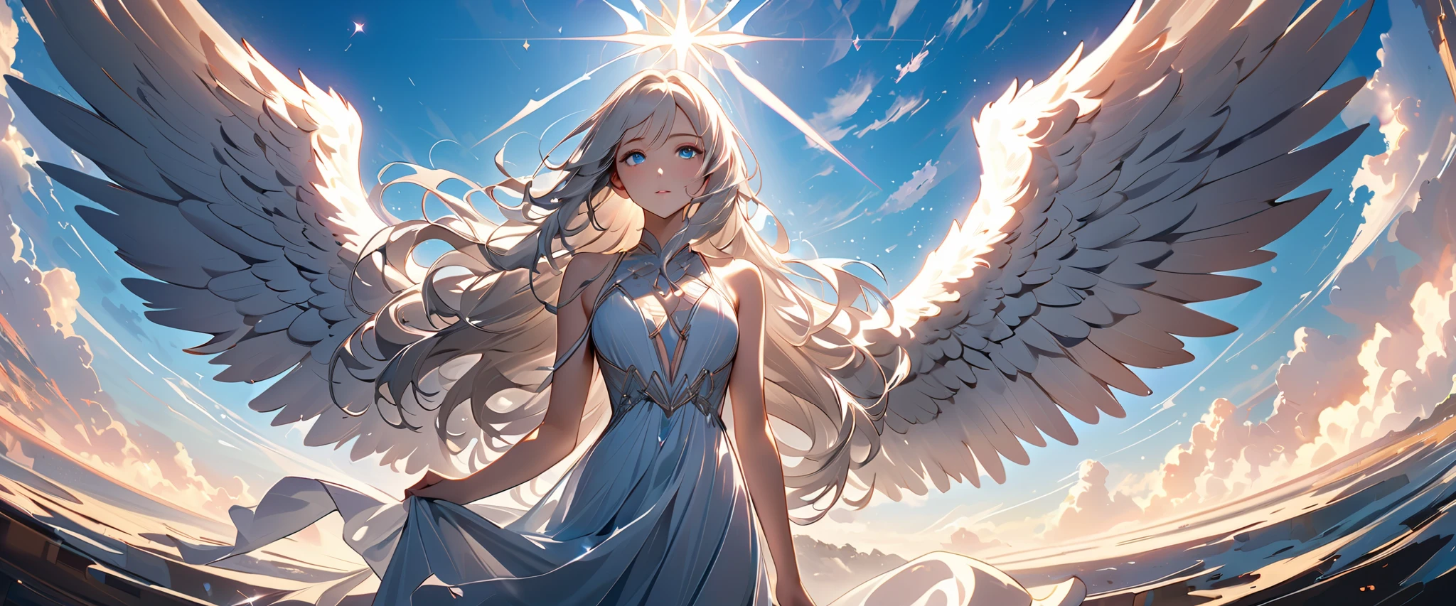 score_9, score_8_up, score_7_up, masterpiece, best quality, 1girl, glowing, angel, white hair, long white gown, jelweries, intricate gown, heavenly gown, long wide sleeeves, waist sash, angel wings, full lenth skirt, long sleeeves, glowing, yellow eyes, curvy, curly hair, flowing hair, low angle view, cowboy shot, sky background, medium breasts, beautiful sky, clouds, starry sky, angel halo, jelweries, hand on dress, dark blue sky, glowing:1.2, smile, anime