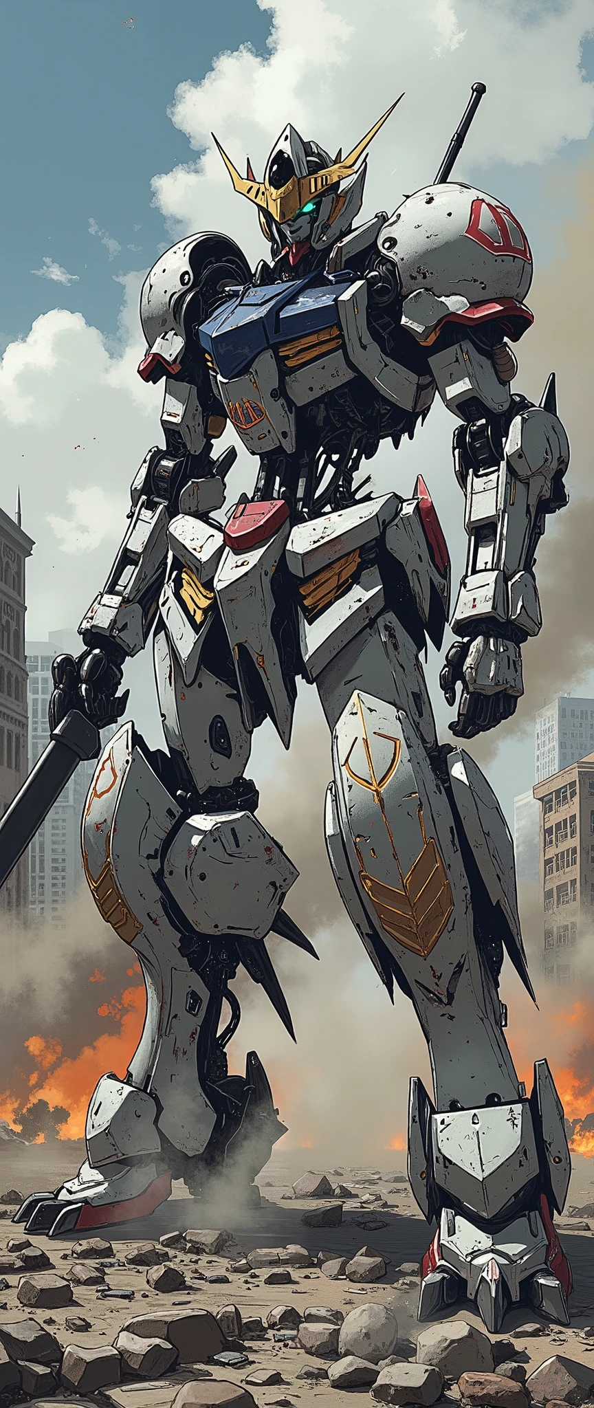 (Giant robots in cities),(gundam_Barbatos ),( The background is a city in battle ),(dynamic),(Hold a large sword like a samurai),( bathed in oil like blood all over the body),(Shining Twin Eyes ),(dust:2.0),(Burning Fire:2.0),( detailed color),( super detailed description )