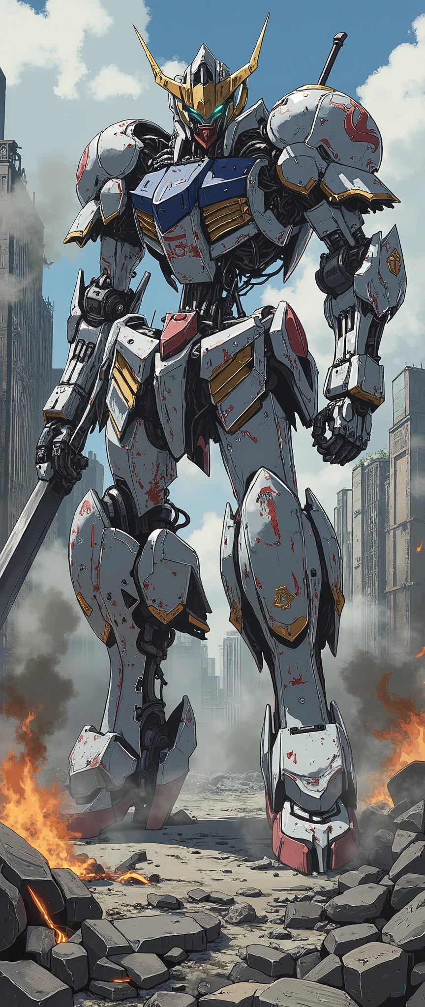 (Giant robots in cities),(gundam_Barbatos ),( The background is a city in battle ),(dynamic),(Hold a large sword like a samurai),( bathed in oil like blood all over the body),(Shining Twin Eyes ),(dust:2.0),(Burning Fire:2.0),( detailed color),( more details:2.0)