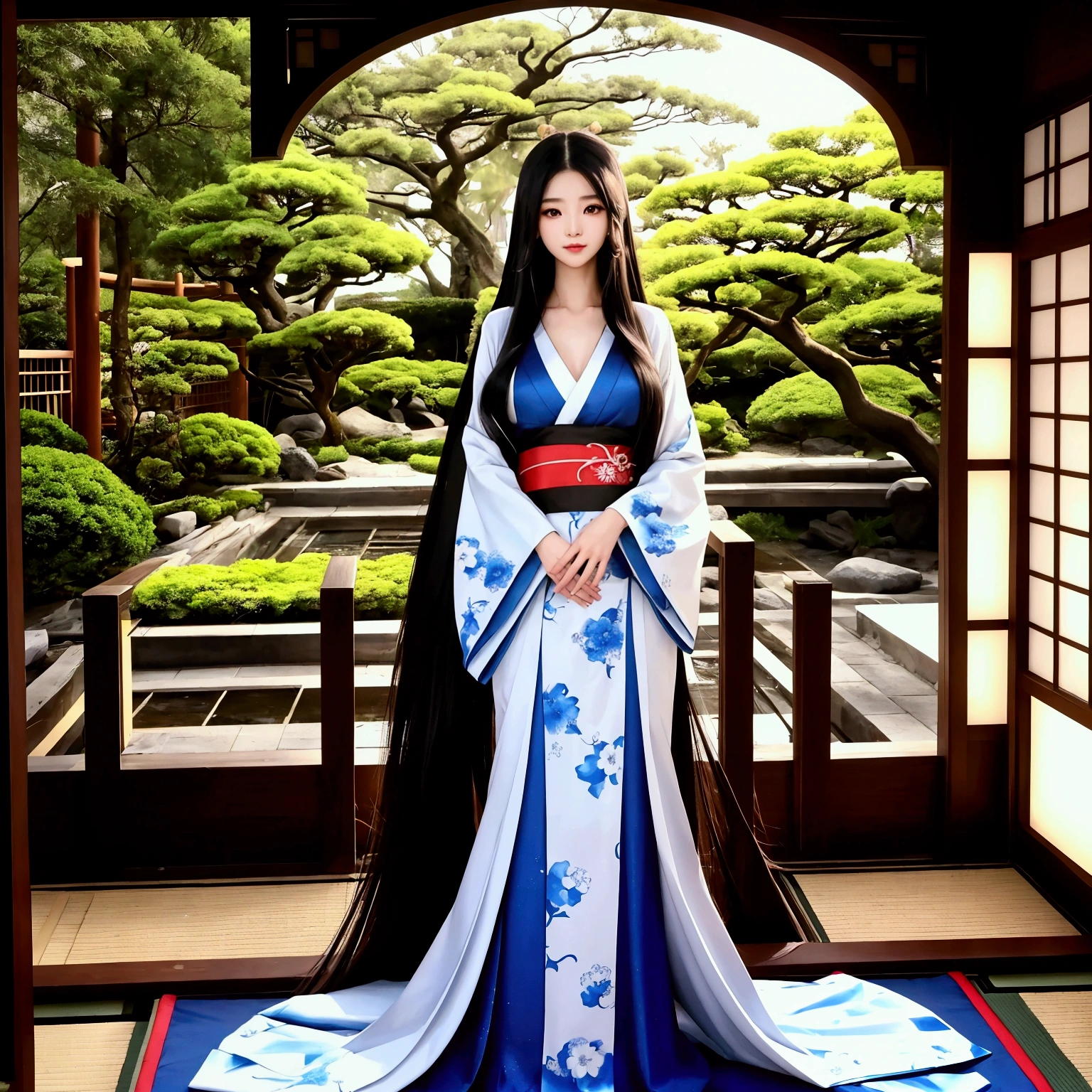( Top Quality 。 highest resolution 。 super realistic photo 。 full body portrait 。) There is a beautiful woman with very long hair 。 More beautiful than a beautiful actress 。 Beautiful Young Woman 。 she has a beautiful and lovely face like a top model 。 her hair is about 10 meters long 。 The length of her hair is much longer than her height 。She's 22 years old 。 The most beautiful face in the world 。The longest hair in the world 。 She's the winner of the World Long Hair Contest 。 Her beautiful hair is much longer than her height 。 very rich hair 。 very shiny hair 。 She takes a picture of all her long hair in the lobby of her home when no one else is around. 。 All of her images 。 shiny very long hair 。 Her long, beautiful hair is a symbol of female beauty 。smile。 Enchanting Proportions 。 slender body 。 She lies on a large mossy rock in a Japanese garden 、 She's spreading her long hair with her hands to show off 。 straight dark hair 。 She's wearing a yukata 。Her breasts are sticking out of Yukata's chest 。