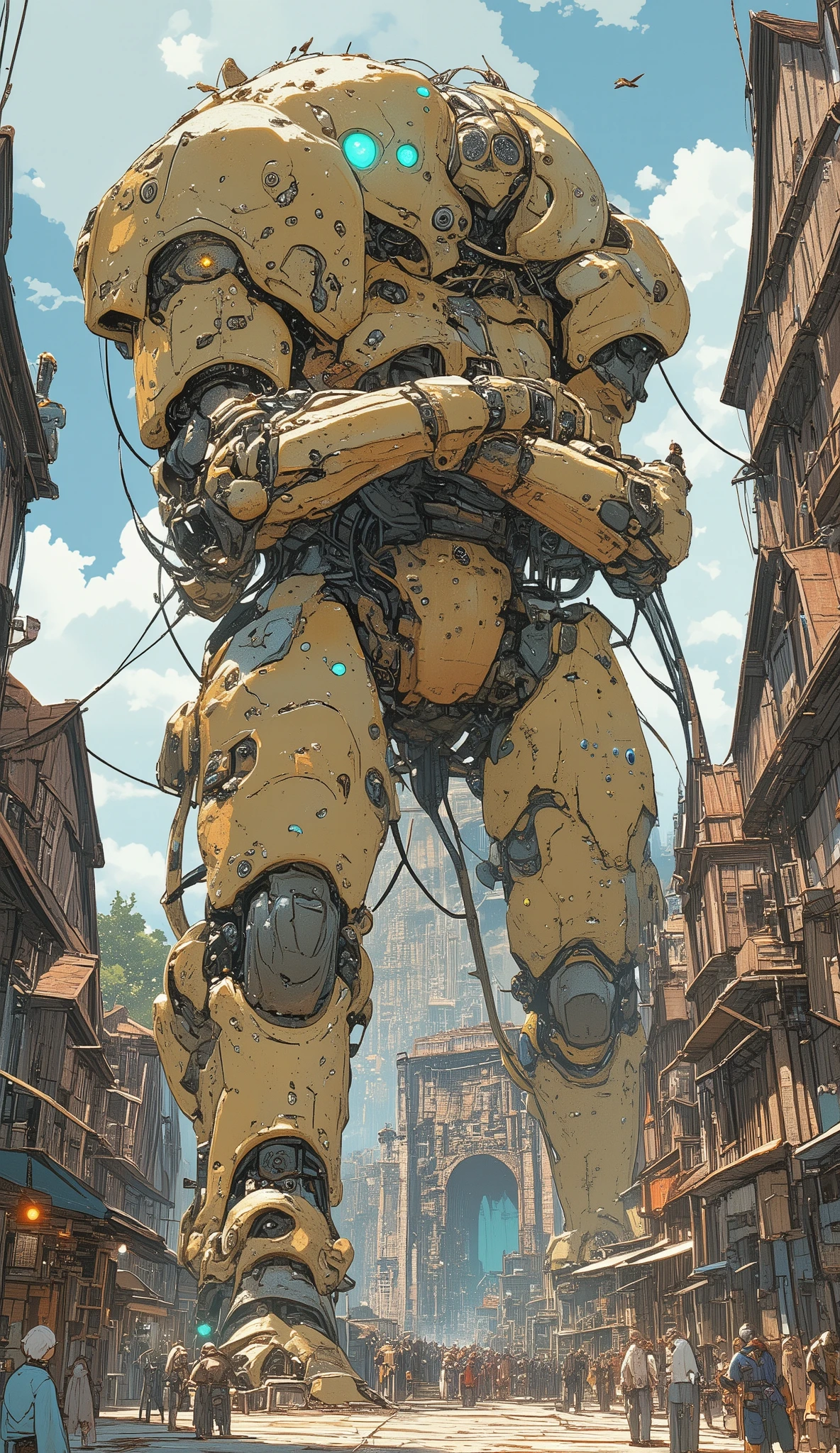 Giant Robot in the City、 very huge golem:1.37、combat golem、(((Inhuman:1.7)))、A bird is resting on my shoulder、Natural colored robot 、 Freestanding Golems Powered by Artificial Intelligence、 very huge golem、(((A robot watching the area around the arms crossed:1.7)))、 Fantasy 、 medieval European cityscape 、Adventurers Go 、 Brick House 、Old Townscape、Huge Stone Gate、 gatekeeper robot 、
