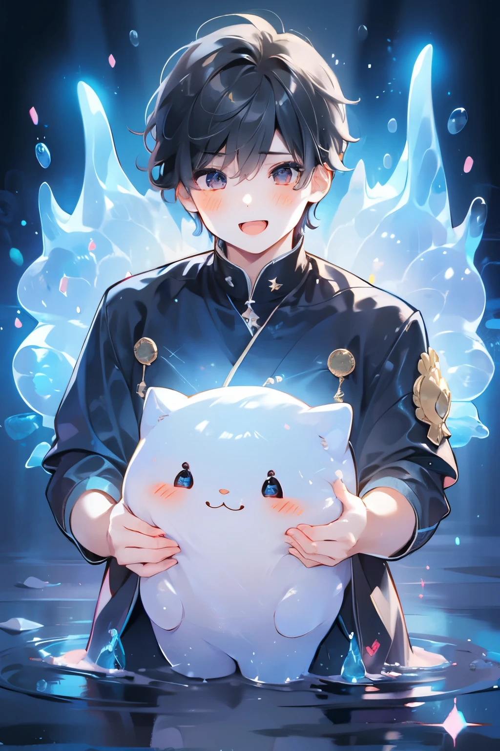 ((1-boy :1.5)),(( adult male:1.0)),black hair,(very short hair:1.0),braid hair,(odd-eyes:0.85),((Kirakira eyes :1.0)),happy, pleasant face,(looking up:0.8),fantasy fantasy,((kawaii)),(crouching:0.5),(hugging a stuffed Shiny slime-Monster:0.5),((dodge pattern background:0.85))