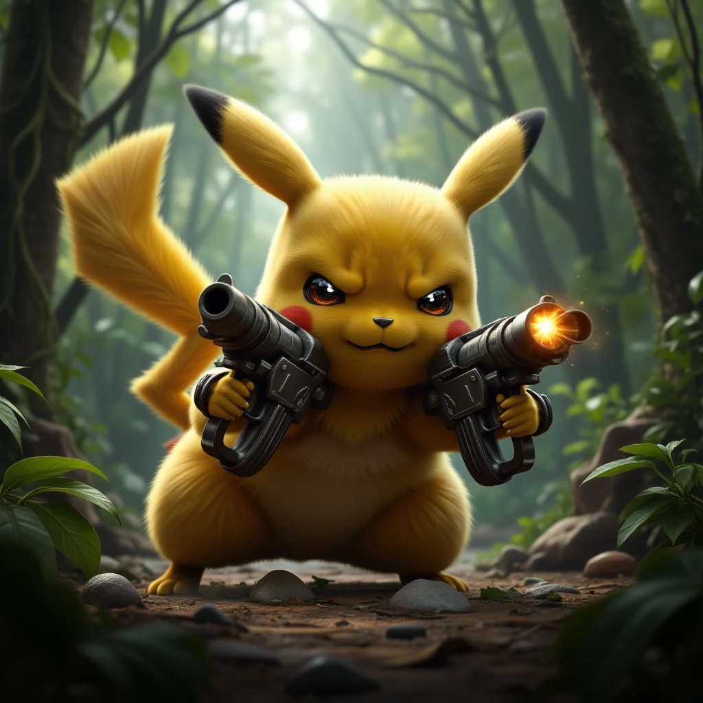 ultra realistic pikachu with a gun, 3d, fantasy, artstation, unreal engine, art by wlop and greg rutkowski