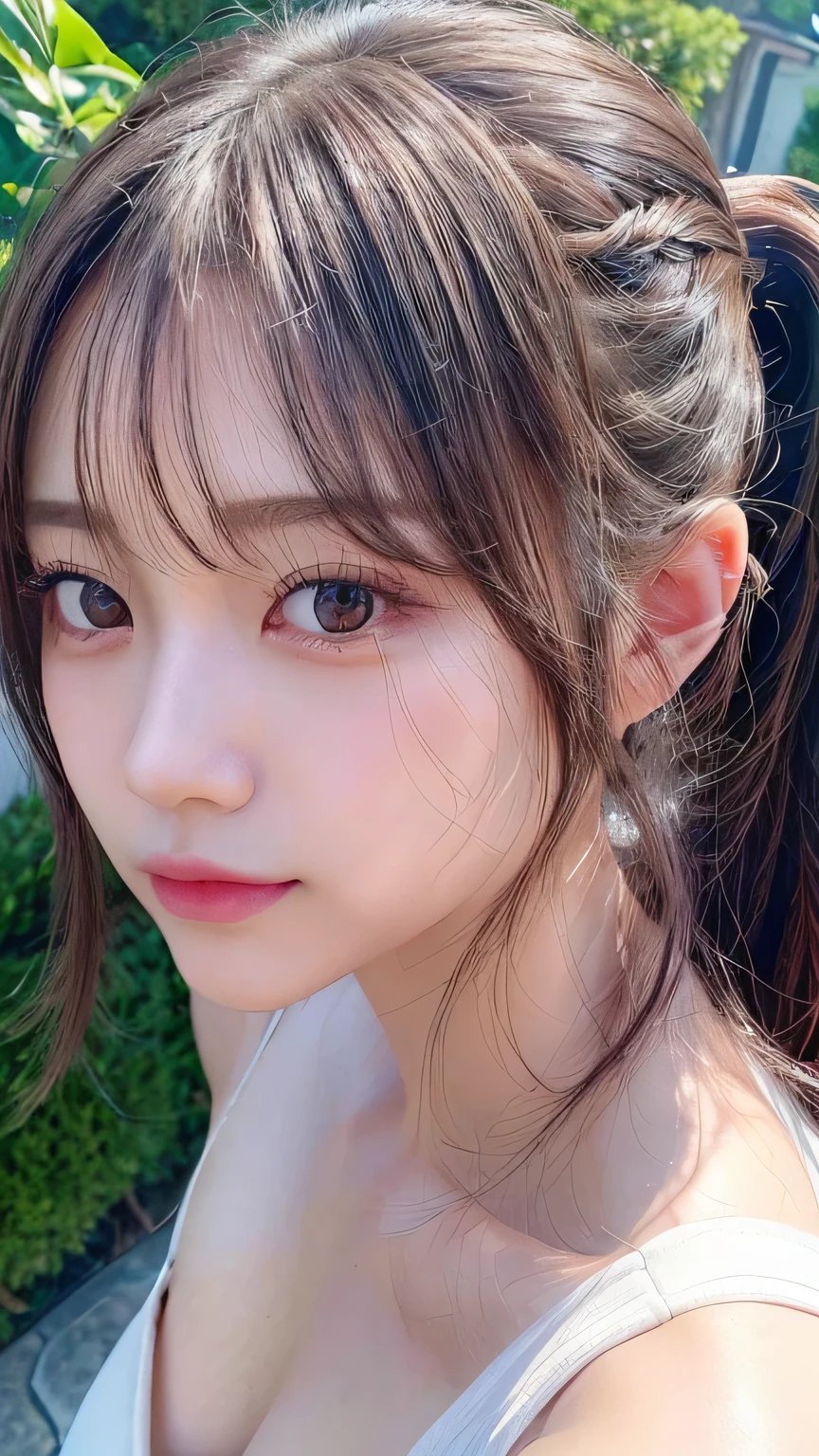 One Girl,Very cute girl at s old,Big eyes:0.5,The face is facing straight ahead,Body facing forward,Beautiful nose,Fuller lips,Short black hair,ponytail,Detailed eyelashes,Thin eyebrows,Symmetrical eyes,Face close-up,White swimsuit,Portrait,View Viewer, half smile:0.5,