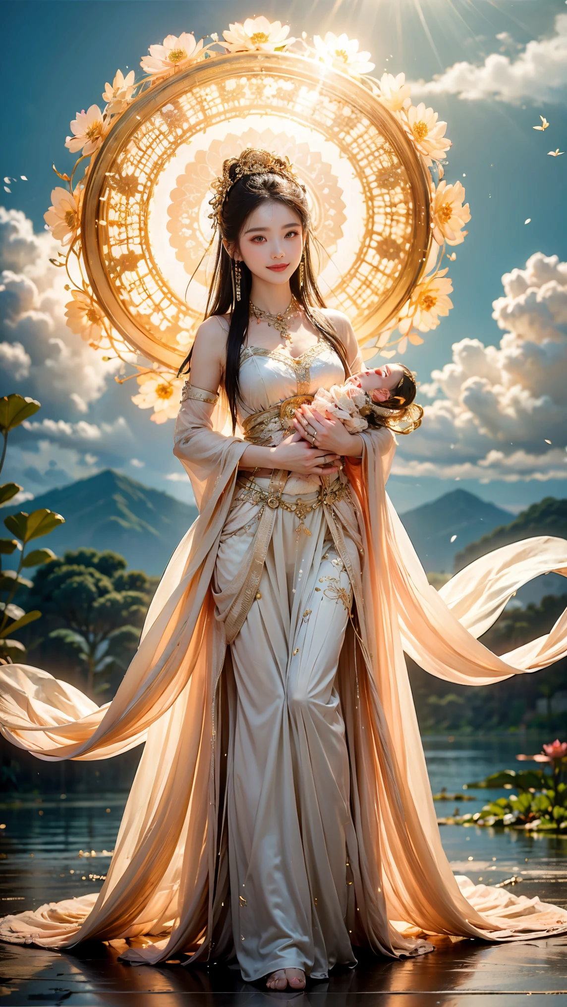 Full body,Beautiful Guan yin wearing intricate very brightwhite light flowing fabric and gold jewelry,plump body,long straight black hair,standing on large pink lotus flower,kind,smile,bright white skin,holding a in her arms,clouds,lotus flowers