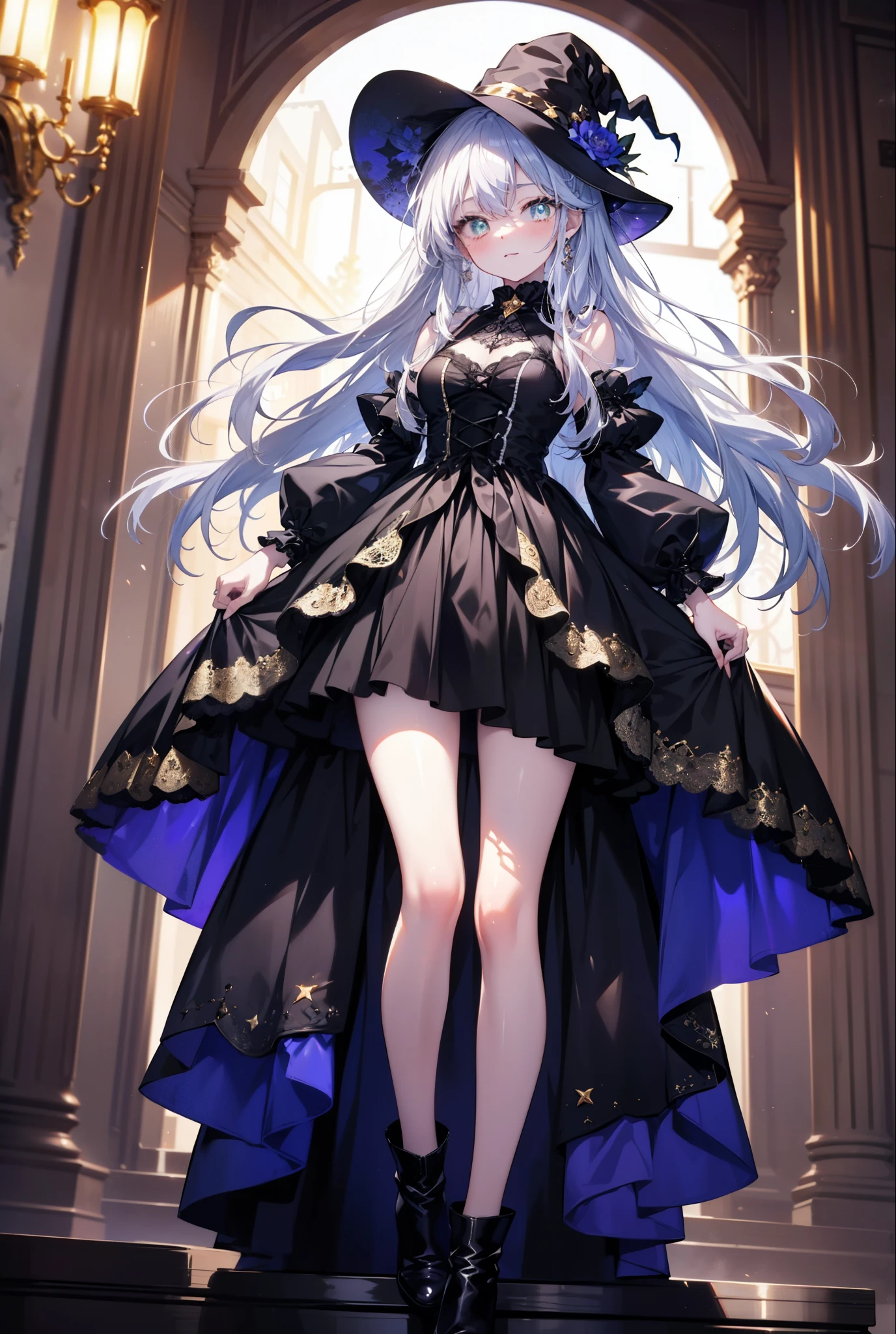 Prohibited bibliography, green eyes, Silver Hair, long hair,witch, has , smile,blush, mouths,witch has , dress, Halloween, Halloween costume, jewelry,Long frill skirt, short boots, full moon, whole bodyがイラストに入るように, break looking at viewer,whole body,
break outdoors, forest,dark forest,,
break (masterpiece:1.2), best quality, high resolution, unity 8k wallpaper, (figure:0.8), ( Beautiful, detailed eyes :1.6), very detailed face , PERFECT LIGHTING , highly detailed CG, (perfect hand, perfect anatomy),
