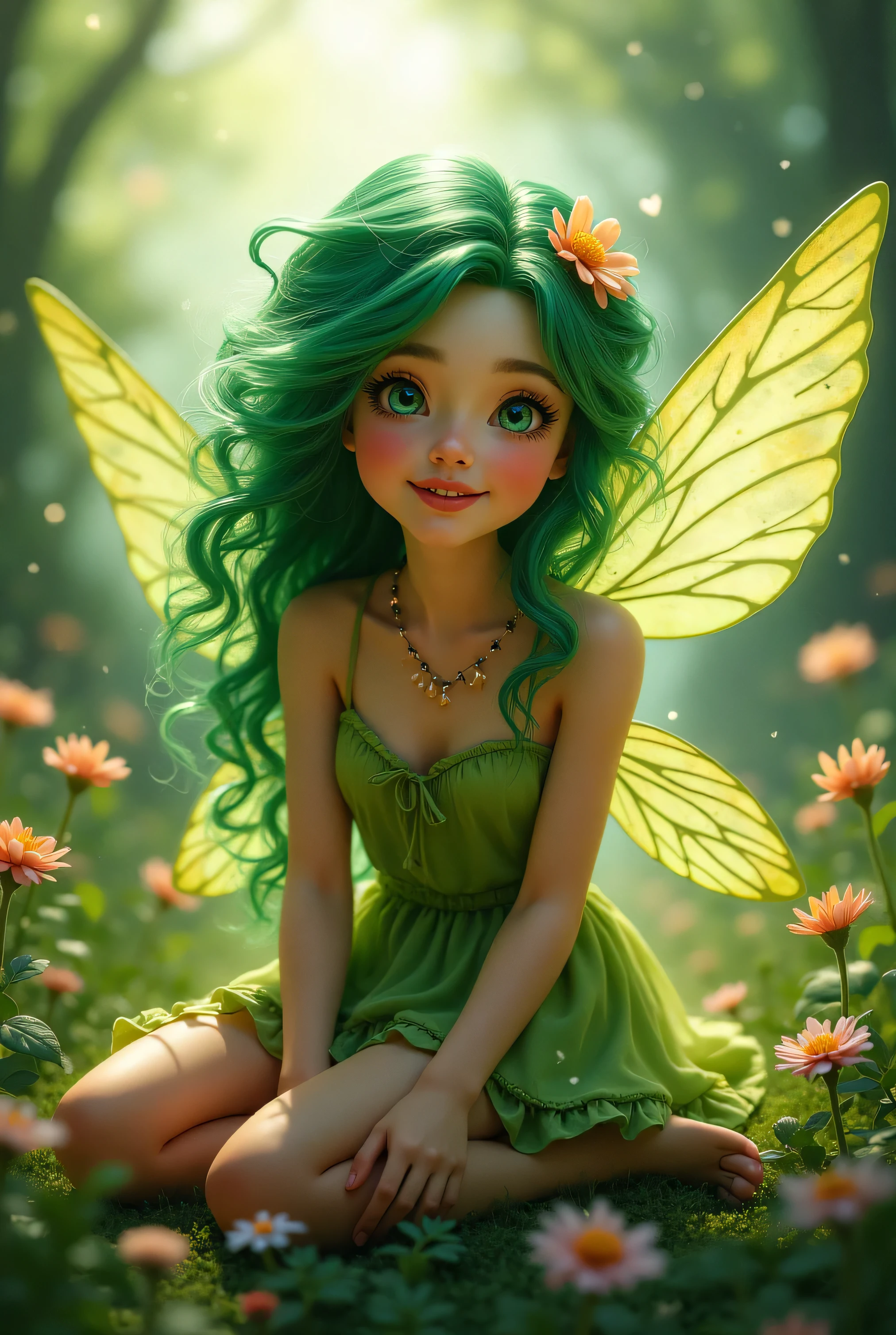 a modern fairy sitting on the floor, green smoke comes out of her, she is wearing jean shorts, white sneakers, a half-shoulder t-shirt, green wings come out of her back, she is sitting on her side. has normal body, personification of marijuana, green smoke, acid pixie, acid pixie, acid pixie, vibrant cartoon, weed background, fantasy pop art, pixie dust pixie, cartoon digital painting, a smoke to your around, green magic, some green, green skin, grass, amazing art, beautiful character painting, amazing artwork, perfect artwork