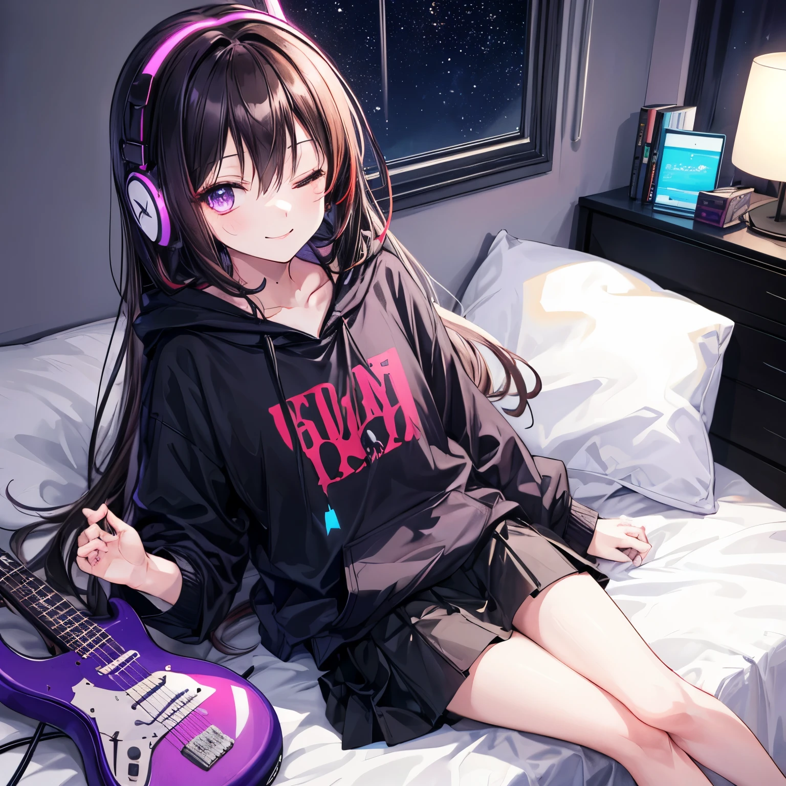 Girl with black headphones lays flat on her bed with a purple electric guitar next to her. She has long brown hair and bright red, starry eyes. She has one eye closed while smiling and looking up at the camera. She is wearing a black hoodie over an anime t-shirt and a jean skirt. Her bedroom is dark but illuminated by bright RGB gaming lights.