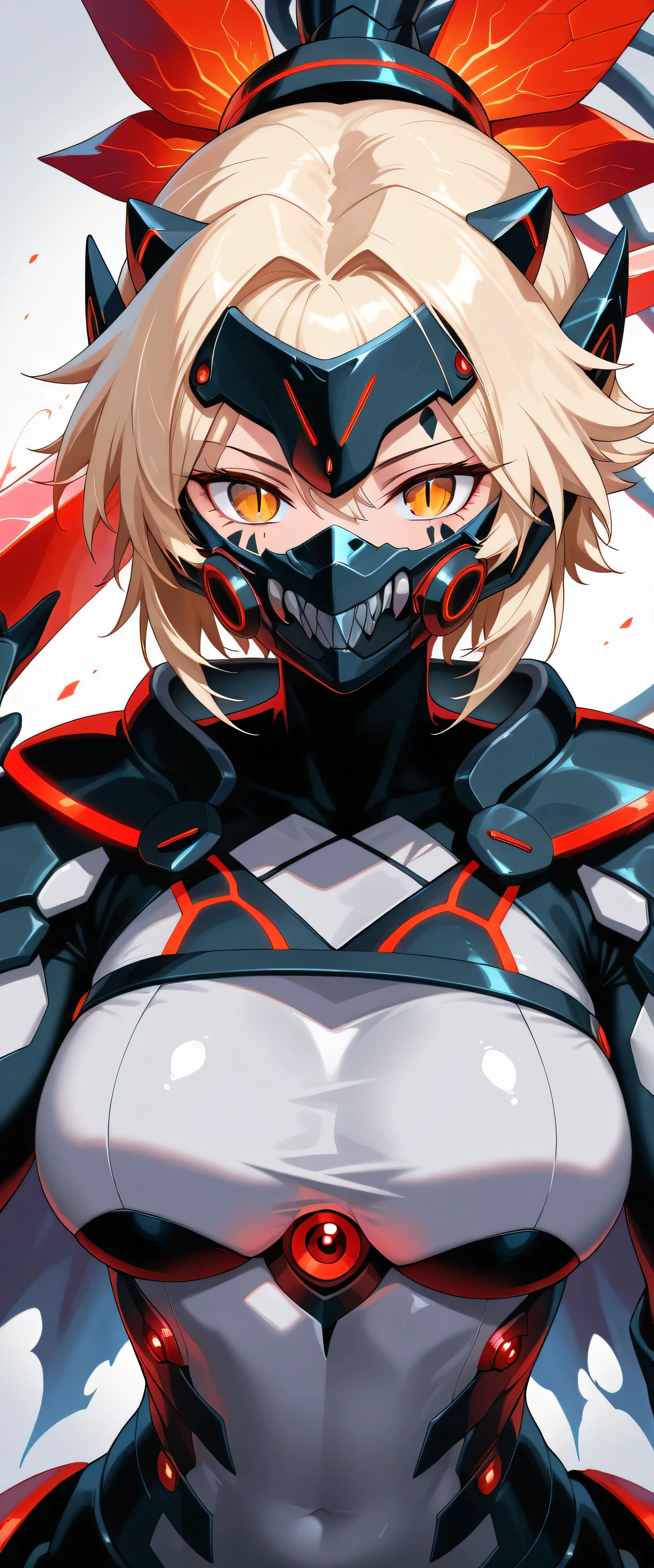dinomorphia kentregina, 1girl, solo, mouth mask, looking at viewer, mechanical headgear, grey bodysuit, medium breasts, upper body, slit pupils, simple background, large breasts, mechanical gauntlets, mechanical forehead protector, facial mark, red arm blade, see-through cape, mecha dragon girl, from above
masterpiece,best quality,amazing quality,very aesthetic,absurdres,newest,