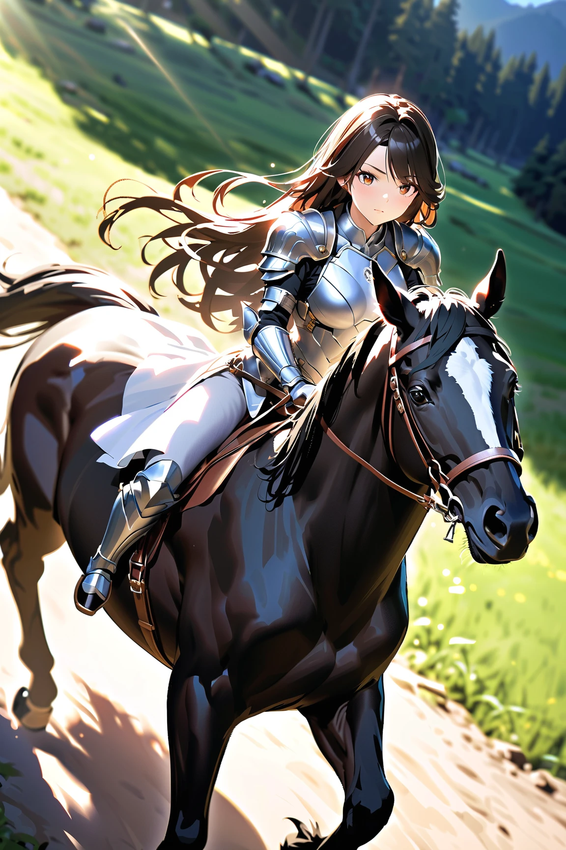 ((highest quality)), ((anime masterpiece)), (high detailed), 8k, cinematic lighting, anime screencap, HDR, yuffie kisaragi riding a BROWN HORSE, (yuffie kisaragi, short hair, {black hair}, small breast, cleavage), (green armor, white gauntlet, white miniskirt, white boots), mountains, outdoor, open field, ((from side: 1.2)), anatomically correct