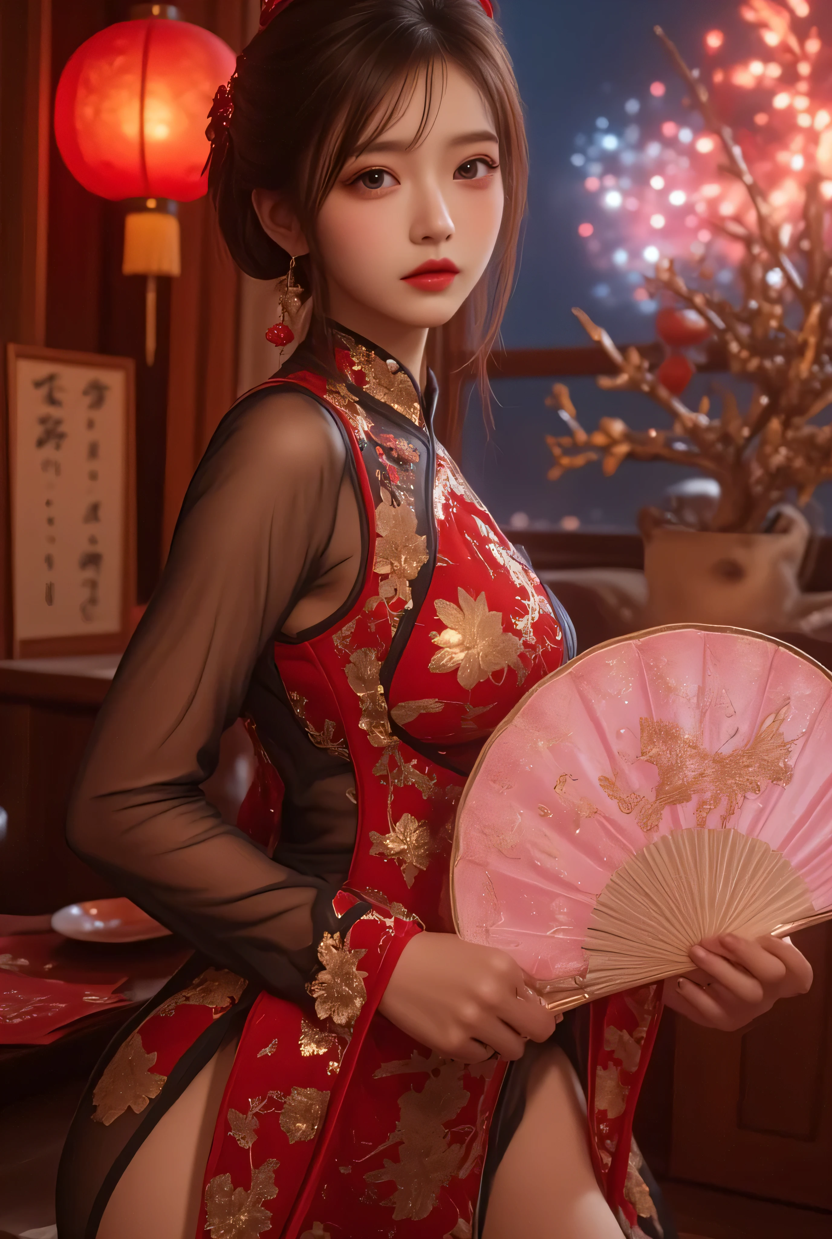 Cat ears、 face up, attractive, pretty girl, ponytail、 (( fine facial features , eroticism)), dramatic lighting , realistic , 8k, Dramatic Shadows , intricate and elaborate patterns , super detailed photo , chiaroscuro lighting , Pleasant colors , deep contrast , super real 、 pink lipstick、 warm room、Vintage Fireplace 、 cinematic composition、Close-up of face, pretty half part transparent open shoulder loose outfits dress, tang style, A beautiful Korean idol wearing a one piece red- black tightly cheongsam with phoenix and intricate floral golden embroidery, golden and silver outline on dress, hand hold pink feathers paper fan with golden ink drawing, standing gracefully in a room filled with traditional Chinese New Year decorations. The room features vibrant red lanterns, decorative calligraphy scrolls, a small Chinese orange tree with golden ornaments, and several red envelopes scattered across the floor and hanging from the tree. Adorable, playful cats are part of the scene—some sitting near the tree, others curiously pawing at the red envelopes or lounging around. Through a window or an open door in the background, vibrant Chinese fireworks light up the night sky in an array of reds, golds, and blues, casting a magical glow into the room. The idol’s outfit is paired with subtle accessories like red hairpins or earrings, complementing the festive look. The atmosphere is warm and lively, filled with the joyful essence of the celebration, enhanced by the shimmering lights of the fireworks and the lively decor.