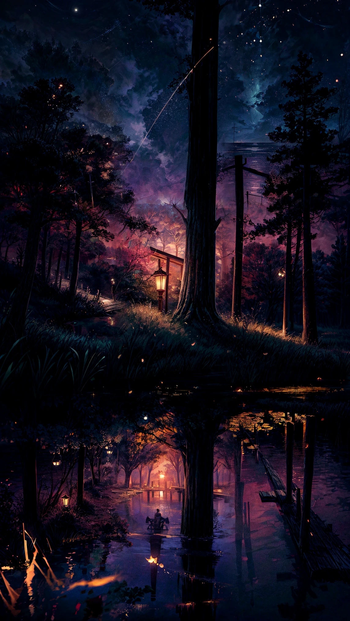 A serene lake reflecting the moon and stars, surrounded by dark silhouettes of trees. A wooden pier extends out into the water, with a small lantern glowing faintly at its end. Fireflies dance around the reeds near the shore. creating a serene, magical countryside atmosphere. Hyper-detailed, cinematic lighting, ultra-high-resolution, dreamlike composition, Ghibli-inspired artistry, atmospheric depth, very detailed, 8k, highly detailed