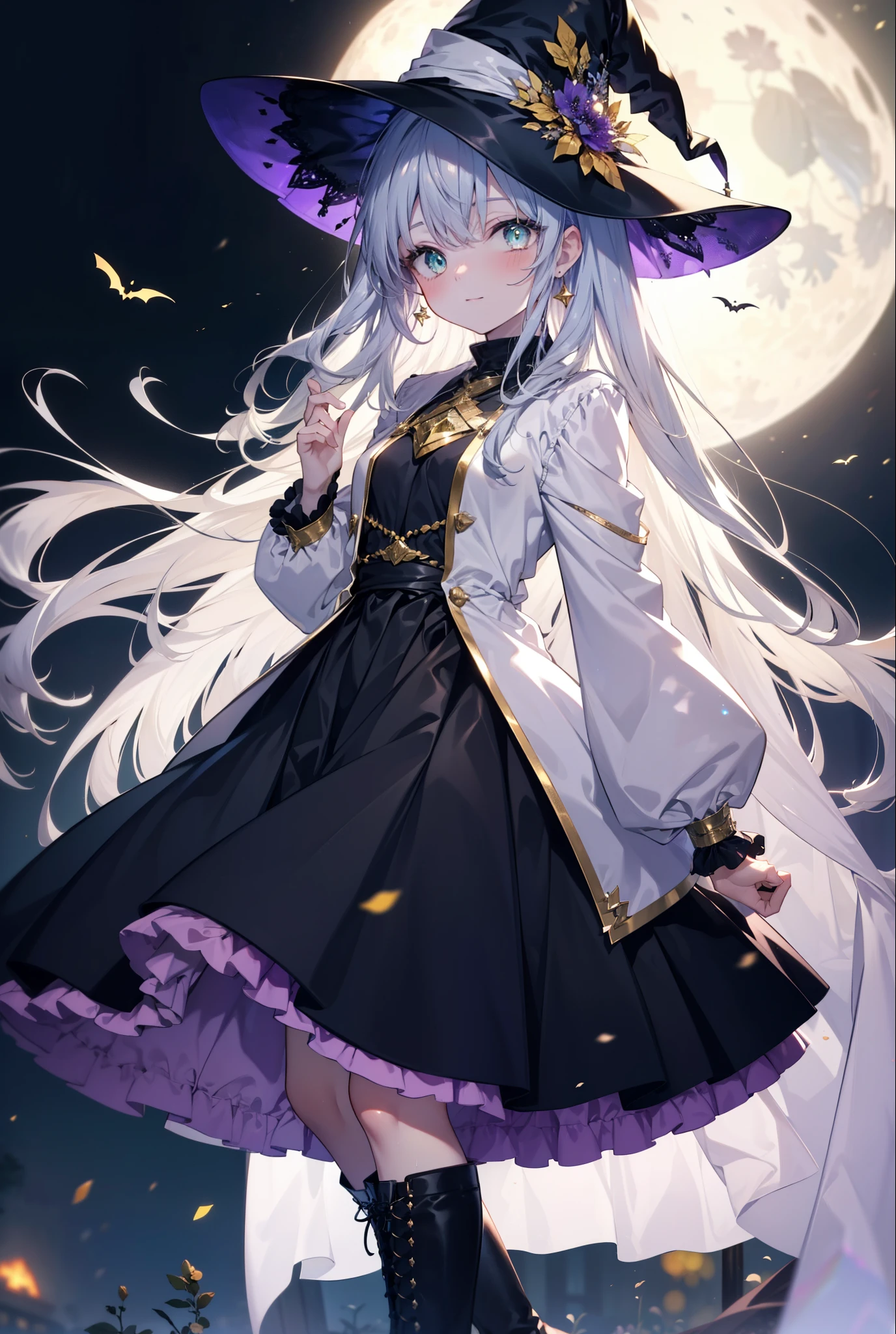 Prohibited bibliography, green eyes, Silver Hair, long hair,witch, has , smile,blush, mouths,witch has , dress, Halloween, Halloween costume, jewelry,Long frill skirt, short boots, full moon, whole bodyがイラストに入るように, break looking at viewer,whole body,
break outdoors, forest,dark forest,,
break (masterpiece:1.2), best quality, high resolution, unity 8k wallpaper, (figure:0.8), ( Beautiful, detailed eyes :1.6), very detailed face , PERFECT LIGHTING , highly detailed CG, (perfect hand, perfect anatomy),