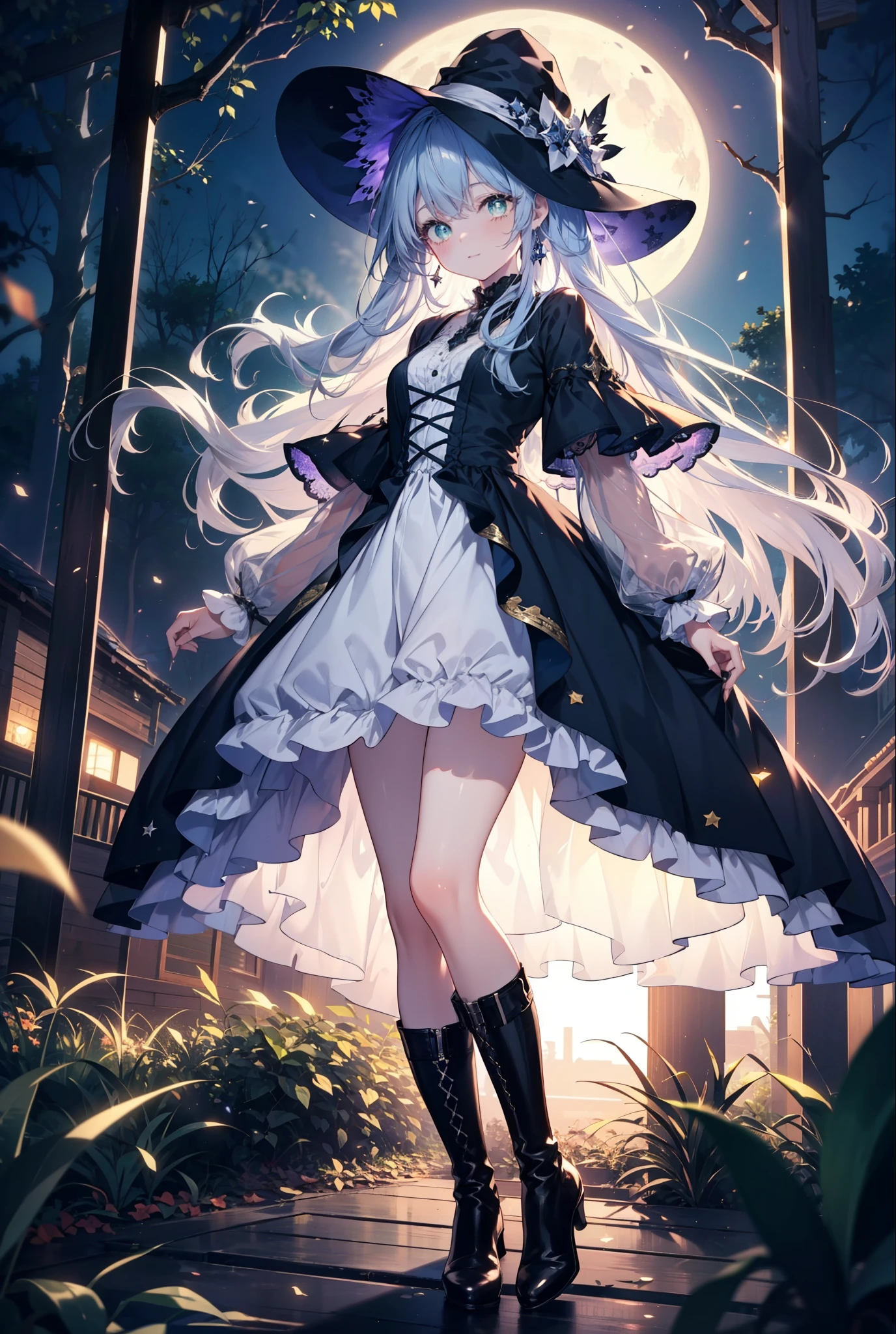 Prohibited bibliography, green eyes, Silver Hair, long hair,witch, has , smile,blush, mouths,witch has , dress, Halloween, Halloween costume, jewelry,Long frill skirt, short boots, full moon, whole bodyがイラストに入るように, break looking at viewer,whole body,
break outdoors, forest,dark forest,,
break (masterpiece:1.2), best quality, high resolution, unity 8k wallpaper, (figure:0.8), ( Beautiful, detailed eyes :1.6), very detailed face , PERFECT LIGHTING , highly detailed CG, (perfect hand, perfect anatomy),