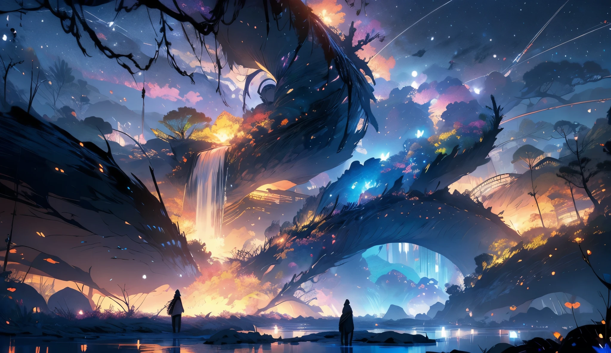 Anime scenery of a man standing in front of a waterfall - SeaArt AI