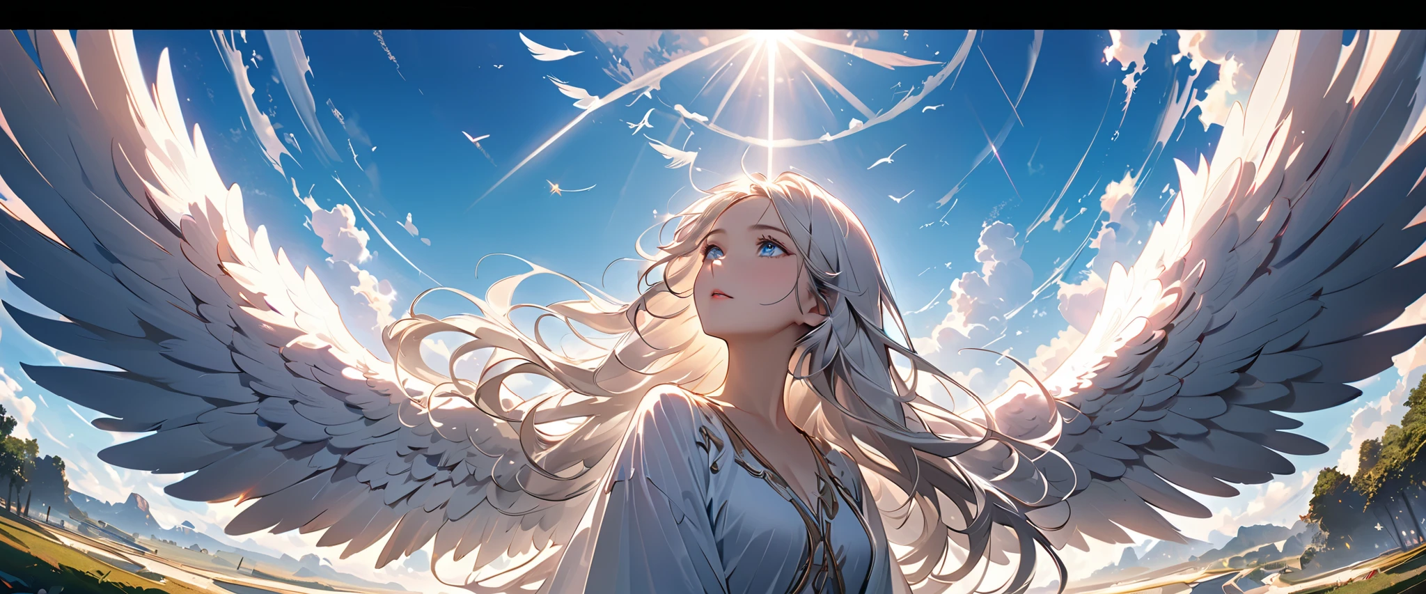 (((The background shows only the blue sky :1.5))),((( dynamic pose:1.5))),( The character is in the center of the screen )、((( photograph the character from a distance:1.5)))、(((very wide shot:1.2))),((( hyperdetail :1.5))), (((masterpiece, 最 High Quality ,  The Greatest Masterpiece、 more details,  Best Shadow:1.5))), (Extremely beautiful and detailed eyes ), (Best lighting,  Extremely Delicate and Beautiful Face ), ((Cinematic Light)), ((( 1 woman, Alone,White hair color、 straight long hair, Kind Face, light blue sparkling eyes ,  How to do it, dynamic angle:1.5))),( A Young and Very Beautiful Angel )、 Mysterious World,(((A bright blue sky spreads out:1.5))), (((16K resolution:1.5)))、perfection、(Extremely beautiful and detailed face )、 scene like the opening of a movie ,  beauty,   white angel dress 、Wear a long skirt、 gentle smile 、非常に gentle smile 、 High Quality  ,  high resolution, 16k,  detailed background ,  Shiny, Clear, White, Long Hair , long eyelashes ,  clean skin,  Beautiful Legs, ((( The character has angel wings on its back :1.5)))、(profile:1.2)、(((The character looking up at the sky :1.2)))、(((Spread the wings of an angel 、His hands are spread out like Christ:1.5)))