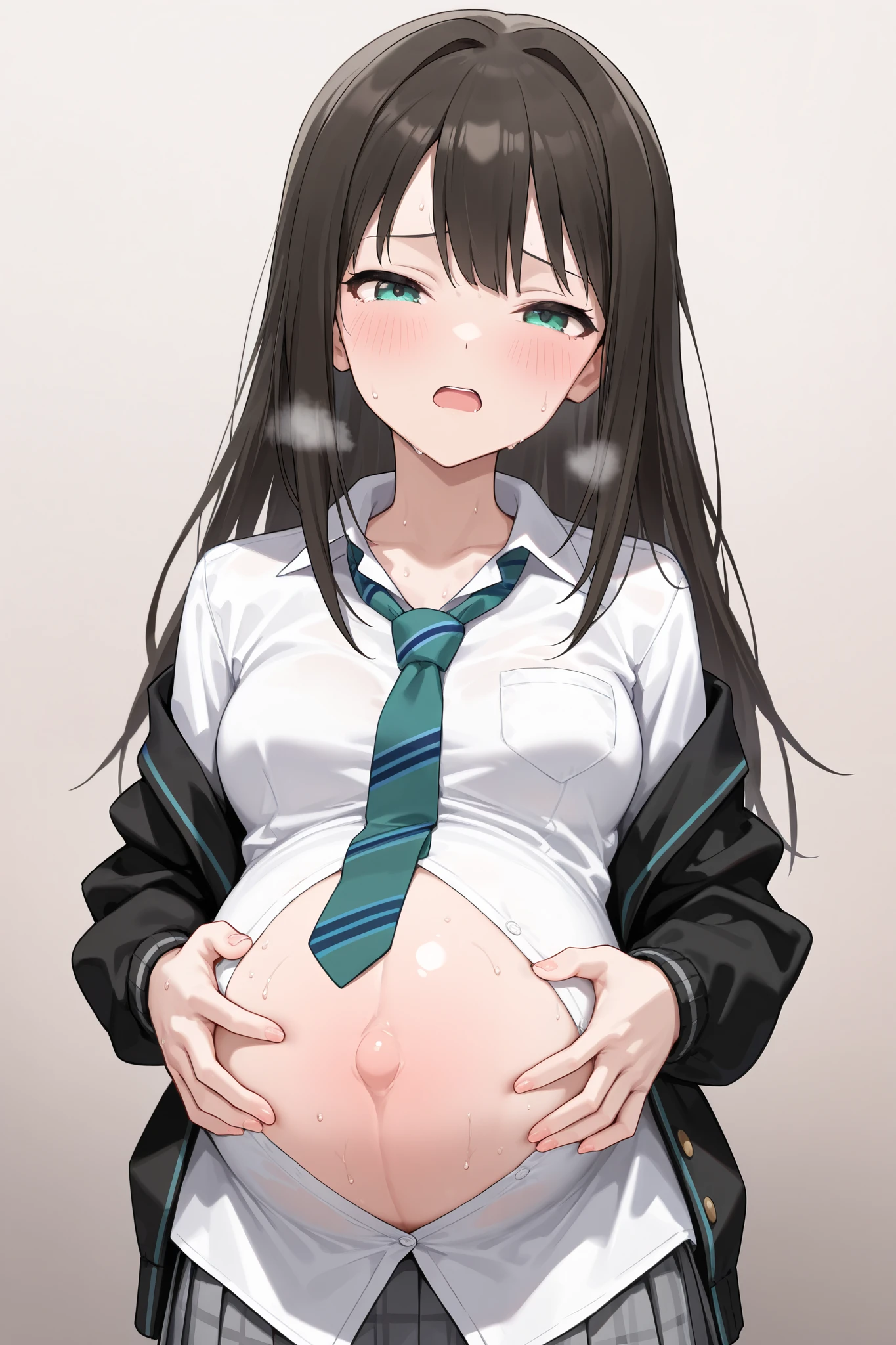 (Best quality, 4k, 8k, high resolution, masterpiece:1.2), ultra detailed, intricate details,SOLO,beautiful girl, alone, school uniform, middle hair, black hair, blunt bangs,green eyes, small-medium breasts, green tie, blush, perfect smooth skin, looking at viewer, half closed eyes,head tilted, (Pregnant:1.0), Rin Shibuya, Idolmaster, (painful_expression:1.0), winced in pain, open mouth, heavy breathing, birth pain, heavy breathing, (sweating:1.0),