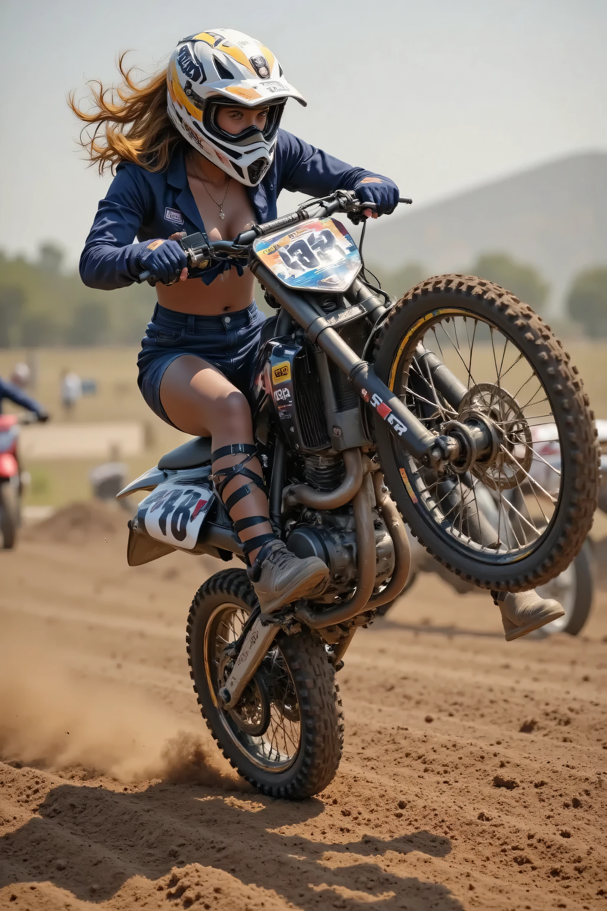 1 beautiful girl, Brown skin , abs,Thin legs、motocross racing,Yamaha WR250 , acrobatic riding、