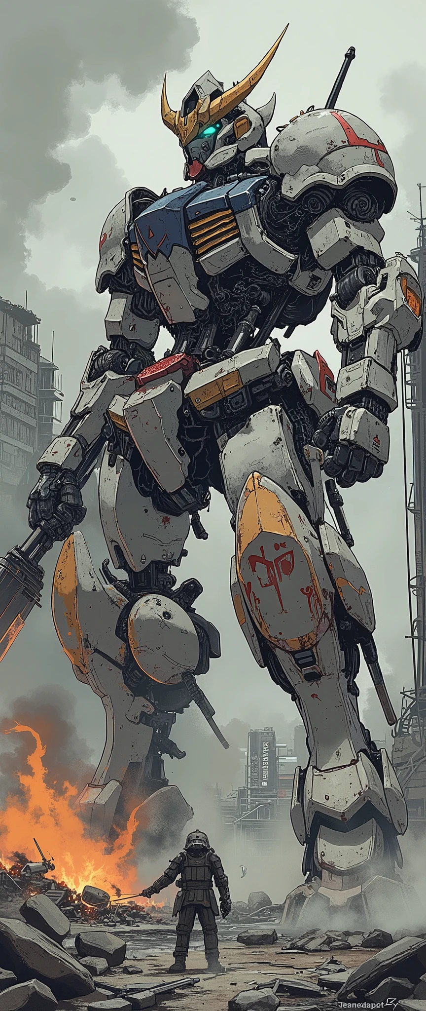 (Giant robots in cities),(gundam_Barbatos ),( The background is a city in battle ),(dynamic),(Hold a large sword like a samurai),( bathed in oil like blood all over the body),(Shining Twin Eyes ),(dust:2.0),(Burning Fire:2.0),( detailed color),( more details:2.0)