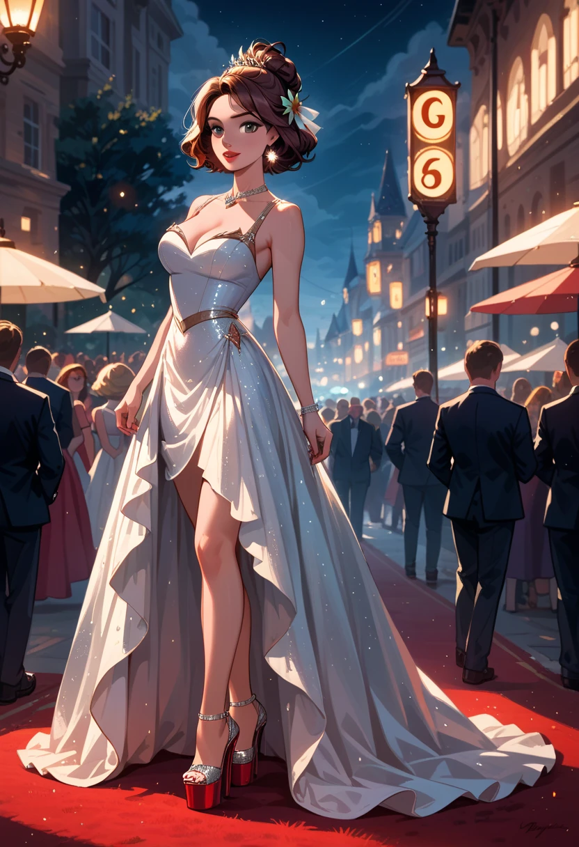 score_9, score_8_up, score_7_up, score_6_up, cinematic film still, 1girl, cute sexy teen girl, 15 years old, small cute girl, medium Breasts, Long Legs, (Disney's Belle, brown hair, glamorous updo hairstyle:1.3), (majestic sexy strapless tight fitting minidress:1.3), black high heels platform heels, award show, red carpet, large crowd, paparazzi, flash photography, smiling, posing, (cinematic lighting:1.2),, shallow depth of field, vignette, highly detailed, high budget, bokeh, cinemascope, moody, epic, gorgeous, film grain, grainy, midnight, beautiful eyes, highly detailed eyes, best quality, masterpiece.
