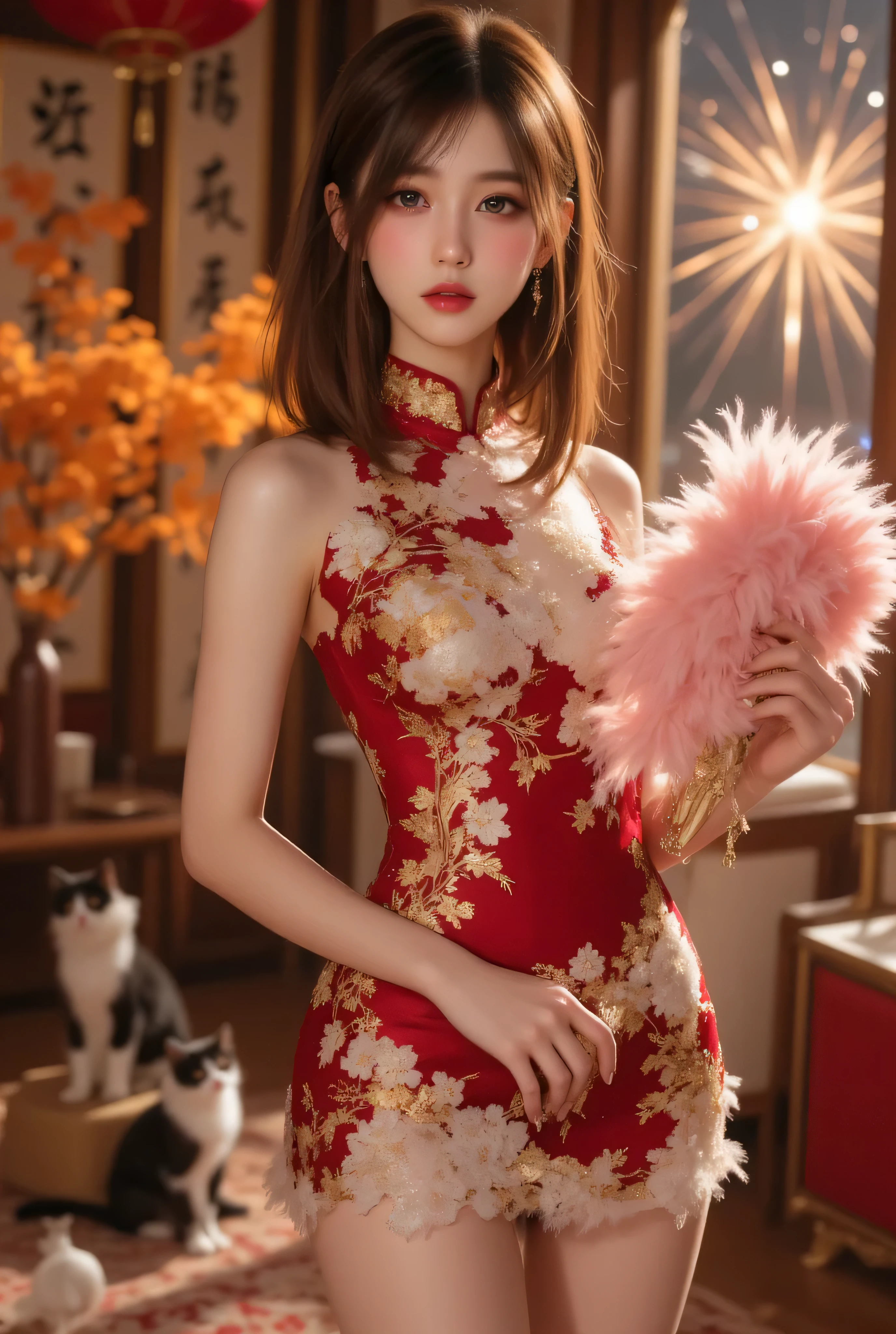 Cat ears、 face up, attractive, pretty girl, ponytail、 (( fine facial features , eroticism)), dramatic lighting , realistic , 8k, Dramatic Shadows , intricate and elaborate patterns , super detailed photo , chiaroscuro lighting , Pleasant colors , deep contrast , super real 、 pink lipstick、 warm room、Vintage Fireplace 、 cinematic composition、Close-up of face, pretty half part transparent open shoulder loose outfits dress, tang style, A beautiful Korean idol wearing a short colourful tightly cheongsam with phoenix and intricate floral golden embroidery, golden and silver outline on dress, hand with pink feathers paper fan and paper fan have golden ink drawing on it, standing gracefully in a room filled with traditional Chinese New Year decorations. The room features vibrant red lanterns, decorative calligraphy scrolls, a small Chinese orange tree with golden ornaments, and several red envelopes scattered across the floor and hanging from the tree. Adorable, playful cats are part of the scene—some sitting near the tree, others curiously pawing at the red envelopes or lounging around. Through a window or an open door in the background, vibrant Chinese fireworks light up the night sky in an array of reds, golds, and blues, casting a magical glow into the room. The idol’s outfit is paired with subtle accessories like red hairpins or earrings, complementing the festive look. The atmosphere is warm and lively, filled with the joyful essence of the celebration, enhanced by the shimmering lights of the fireworks and the lively decor.