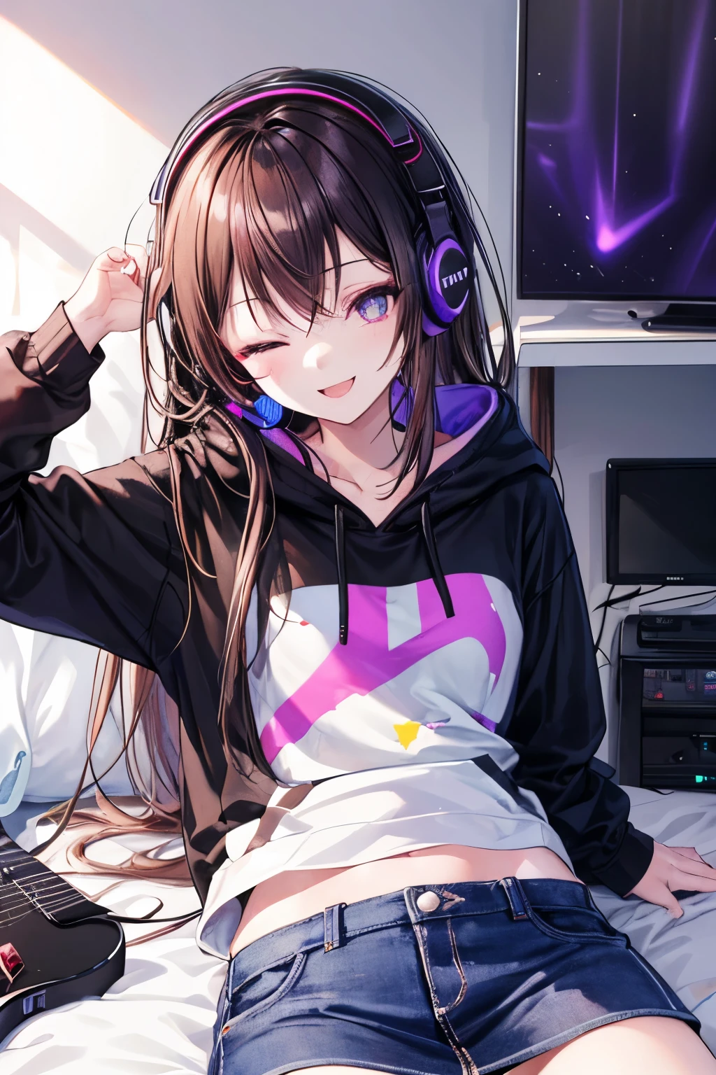 Girl with black headphones lays flat on her bed with a purple electric guitar next to her. She has long brown hair and bright red, starry eyes. She has one eye closed while smiling and looking up at the camera. She is wearing a black hoodie over an anime t-shirt and a jean skirt. Her bedroom is dark but illuminated by bright RGB gaming lights.