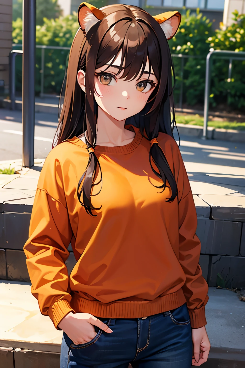 1 girl, alone, Chizuru Mizuhara, masterpiece, highest quality, 8k wallpaper, detailed and beautiful eyes, 1 girl, long hair, chest, looking at the viewer, blush, brown hair, brown eyes, large chest, medium hips, Baggy thighs, red hoodie,