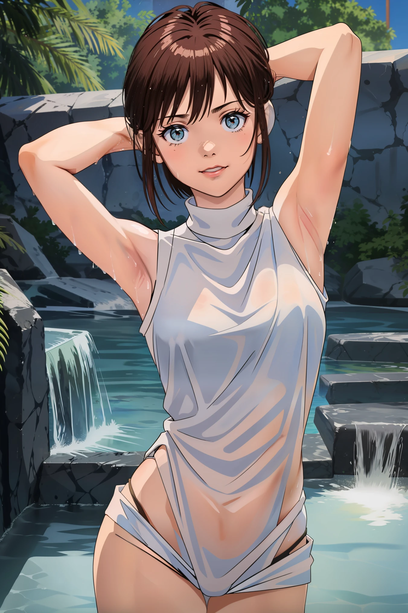  sleeveless, show me her armpits, wet skin, best quality , masterpiece, viewers,