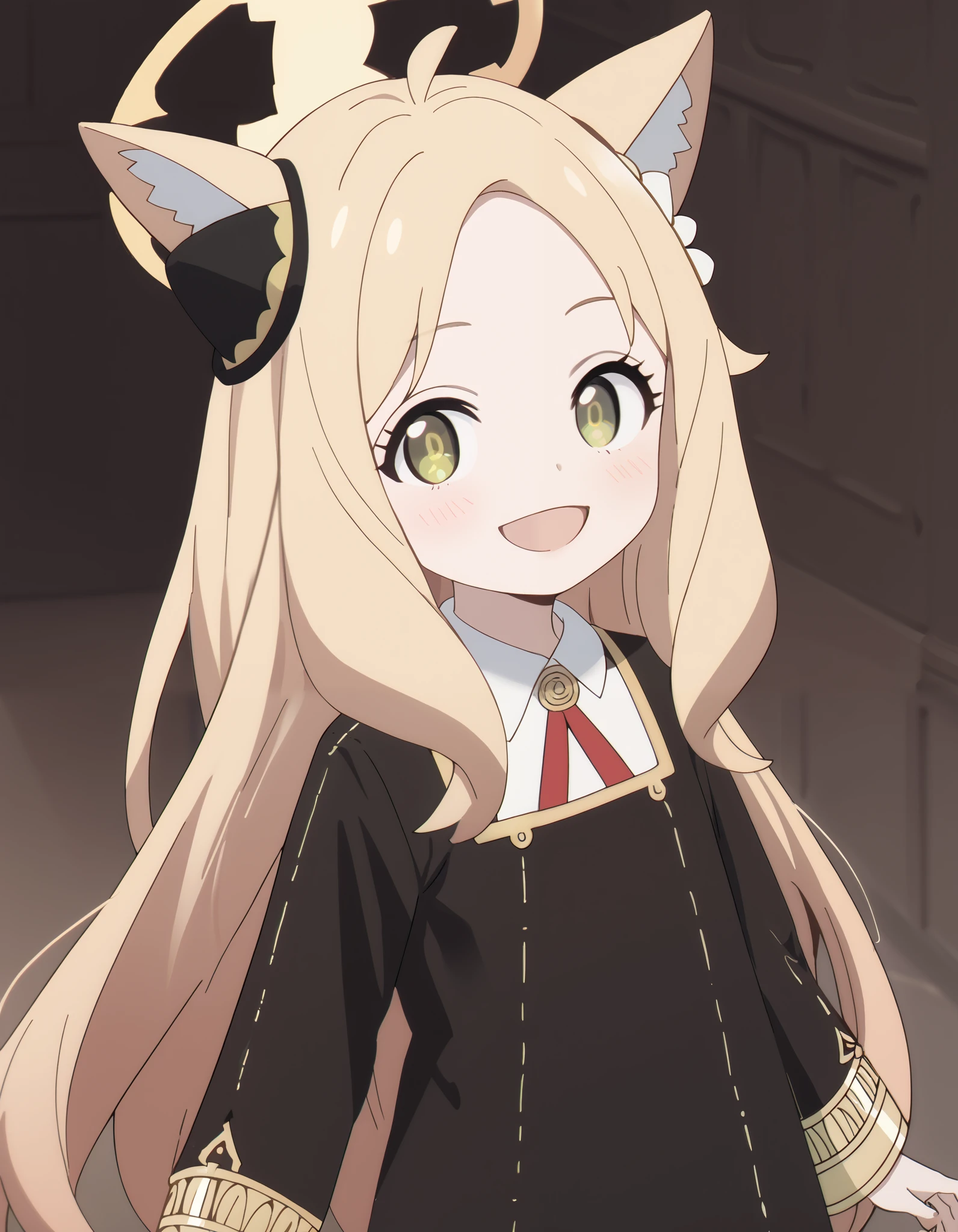 Masterpiece, hd, seia, yellow eyes, blonde hair, very long hair, fox ears, hair ornament, hair flower, halo,1girl,solo,dress,hairpods,gold trim, red ribbon,smile,black dress,school uniform,collared shirt,eden academy school uniform, looking at viewer,ahoge,meme,open mouth, smile, happy, standing, indoor