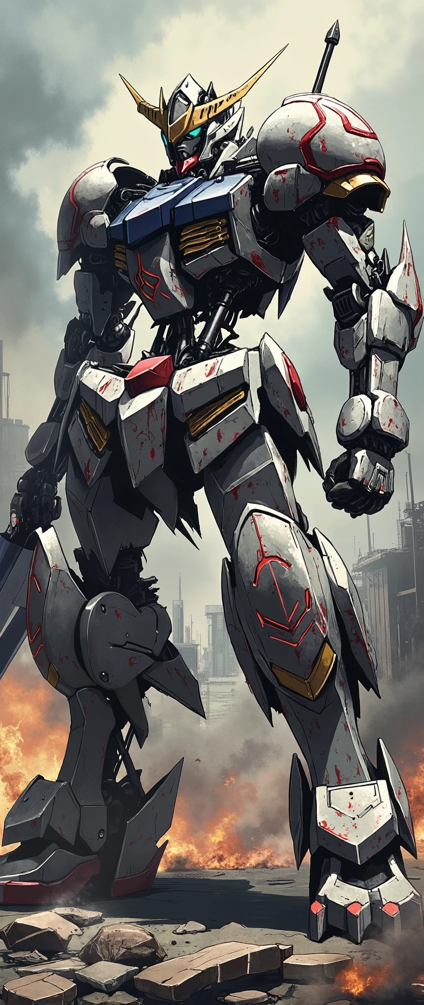 (Giant robots in cities),(gundam_Barbatos ),( The background is a city in battle ),(dynamic),(Hold a large sword like a samurai),(I'm bathed in oil like return blood all over my body),(Shining Twin Eyes ),(dust:2.0),(Burning Fire:2.0),( detailed color),( super detailed description )