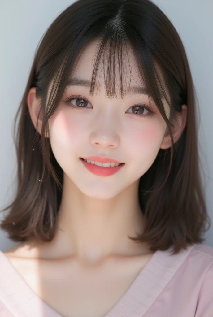 Highest quality、(beautiful)、Super delicate eyes、Brown eyes、22-year-old female、Brown Hair、smile、looking at the camera、Semi-short hair、Gal、naked、Soft boobs、Slightly large