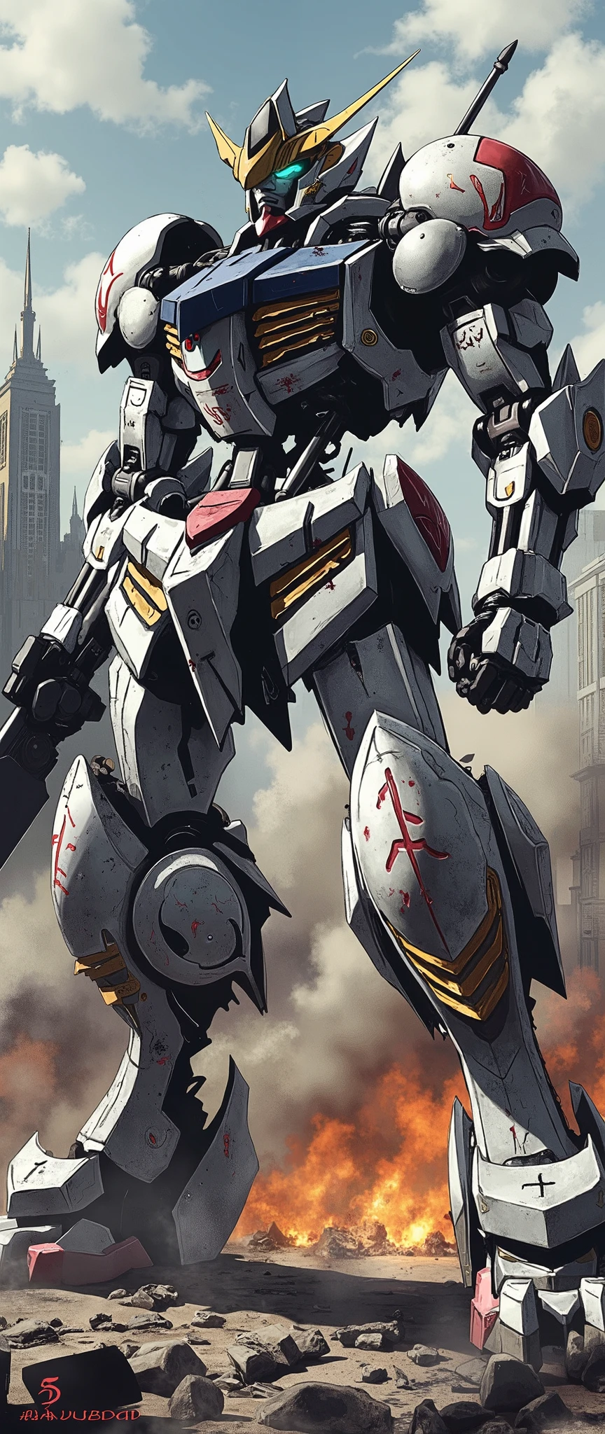 (Giant robots in cities),(gundam_Barbatos ),( The background is a city in battle ),(dynamic),(Hold a large sword like a samurai),( bathed in oil like blood all over the body),(Shining Twin Eyes ),(dust:2.0),(Burning Fire:2.0),( detailed color),( more details:2.0)