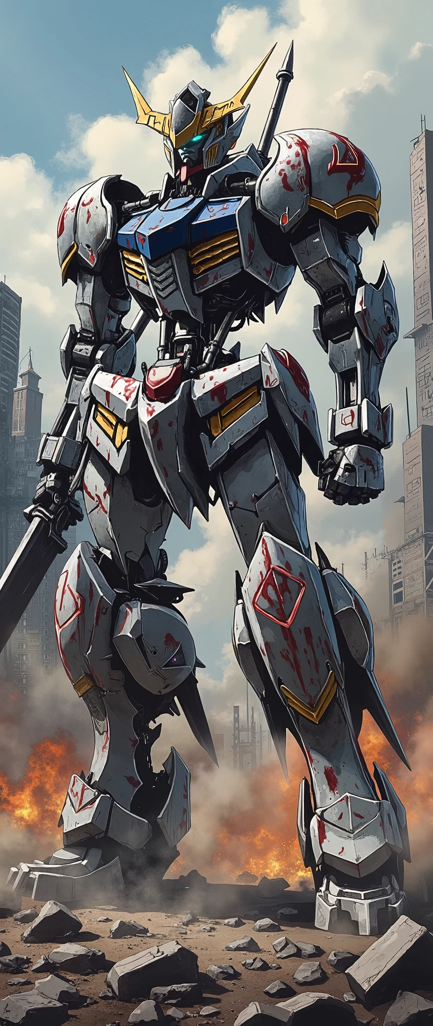 (Giant robots in cities),(gundam_Barbatos ),( The background is a city in battle ),(dynamic),(Hold a large sword like a samurai),( bathed in oil like blood all over the body),(Shining Twin Eyes ),(dust:2.0),(Burning Fire:2.0),( detailed color),( more details:2.0)