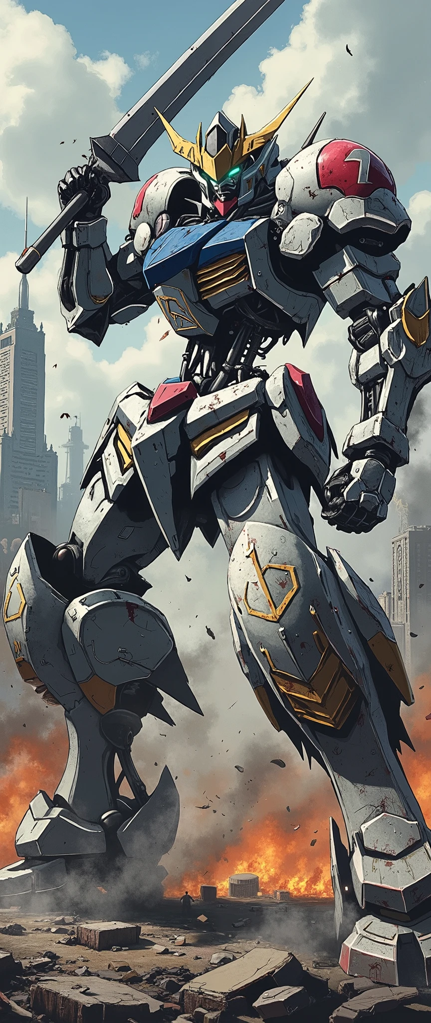 (Giant robots in cities),(gundam_Barbatos ),( The background is a city in battle ),(dynamic),(Hold a large sword like a samurai),( bathed in oil like blood all over the body),(Shining Twin Eyes ),(dust:2.0),(Burning Fire:2.0),( detailed color),( more details:2.0)