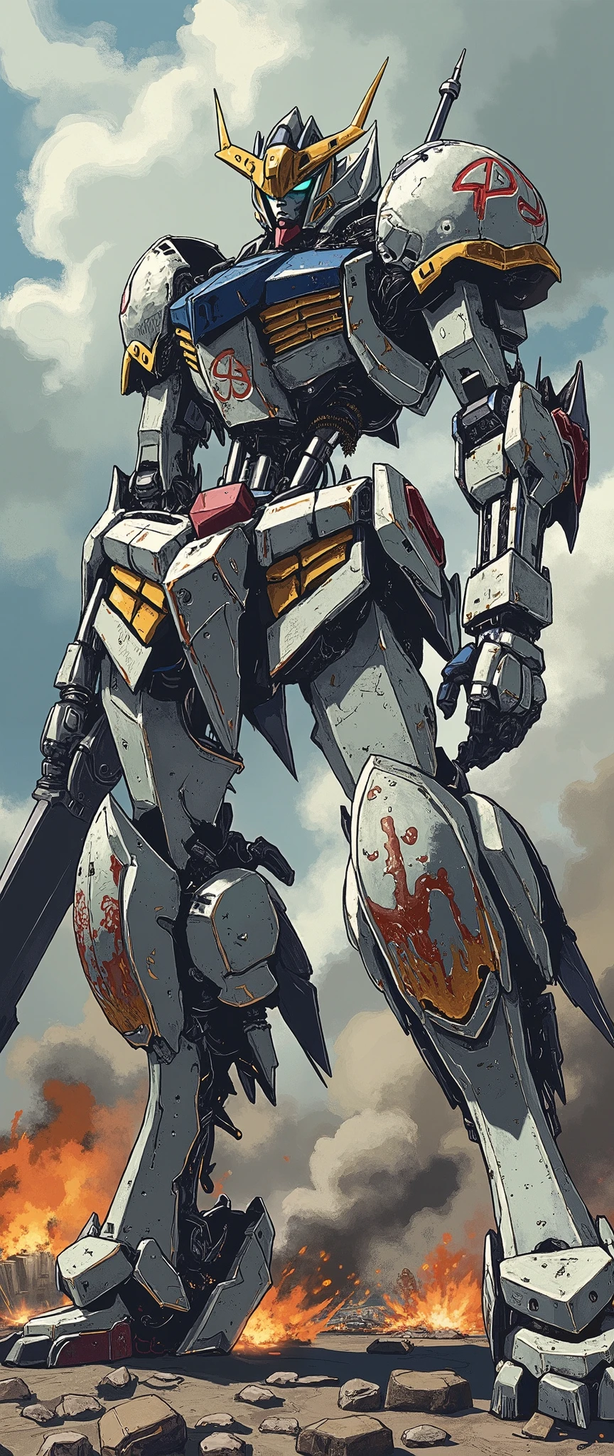 (Giant robots in cities),(gundam_Barbatos ),( The background is a city in battle ),(dynamic),(Hold a large sword like a samurai),( bathed in oil like blood all over the body),(Shining Twin Eyes ),(dust:2.0),(Burning Fire:2.0),( detailed color),( more details)