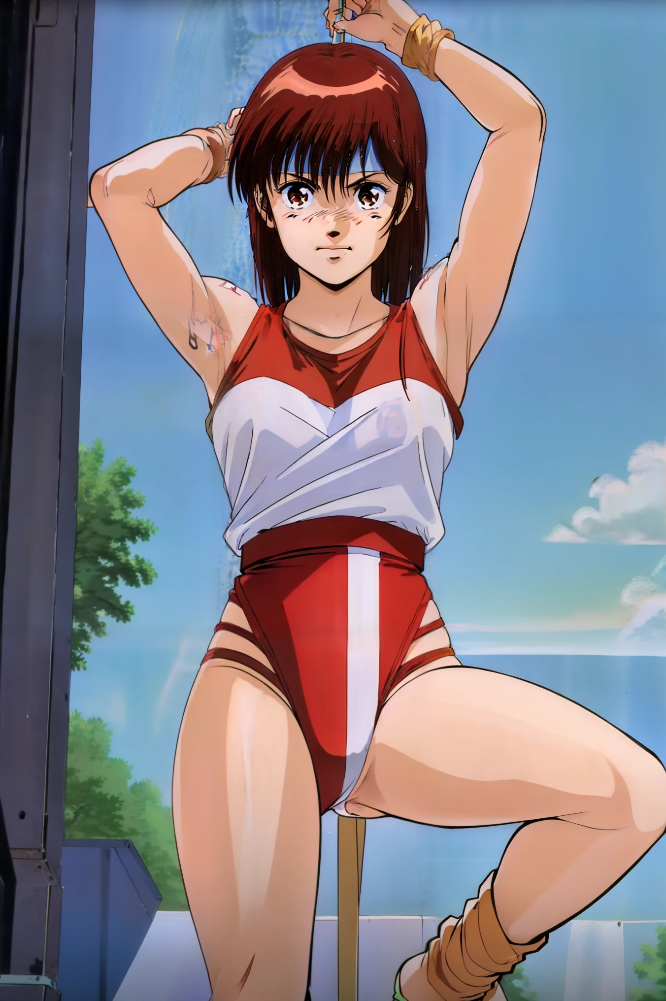 Beautiful illustration, (Flat Anime:1.1), SFW, masutepiece,Best Quality,Solo,Smile,Open mouth, Noriko Takaya,1girl in, Medium Hair,Brown hair、One pretty girl One active girl standing with hands on hips outdoors with big breasts,Proud face, Navel, Clothes that fit the body, coverd nippple, cameltoe bloomers, gymnastic suit, Red Buruma,