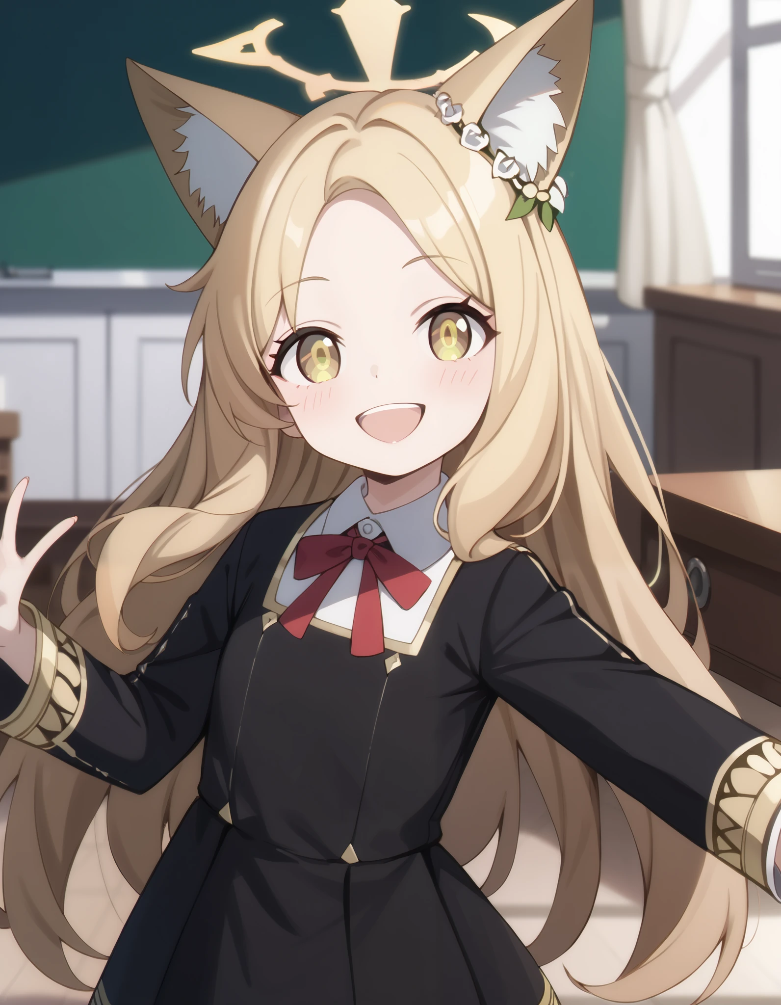  Masterpiece, hd, seia, yellow eyes, blonde hair, very long hair, fox ears, hair ornament, hair flower, halo,1girl,solo,dress, gold trim, red ribbon,smile,black dress,school uniform,collared shirt,eden academy school uniform, looking at viewer, open mouth, smile, happy,  standing, indoor