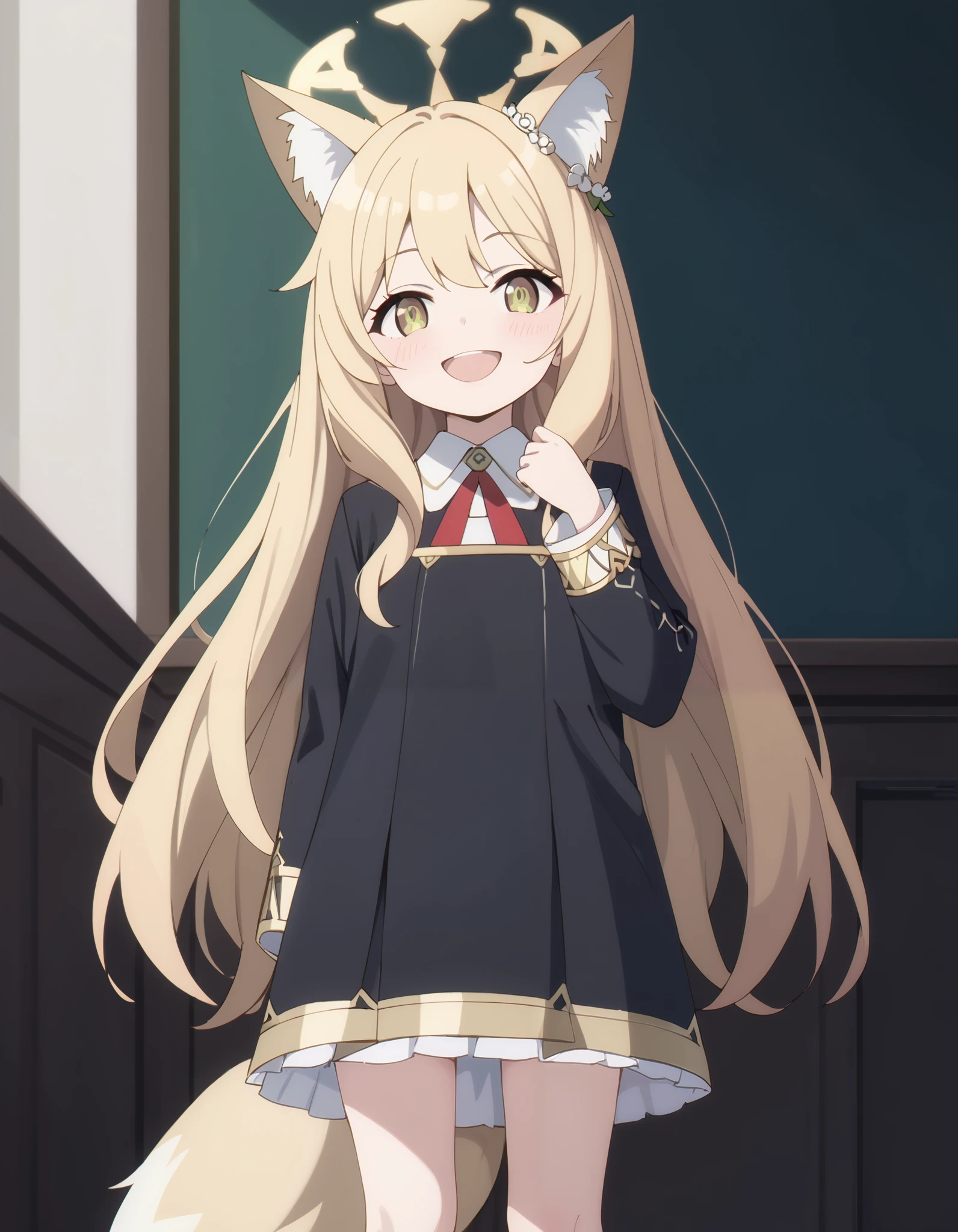 Masterpiece, hd, seia, yellow eyes, blonde hair, very long hair, fox ears, hair ornament, hair flower, halo,1girl,solo,dress, gold trim, red ribbon,smile,black dress,school uniform,collared shirt,eden academy school uniform, looking at viewer, open mouth, smile, happy, standing, indoor