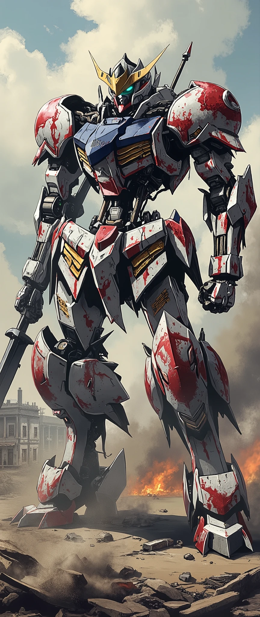 (Giant robots in cities),(gundam_Barbatos ),( The background is a city in battle ),(dynamic),(Hold a large sword like a samurai),( bathed in oil like blood all over the body),(Shining Twin Eyes ),(dust:2.0),(Burning Fire:2.0),( detailed color),( more details:2.0)