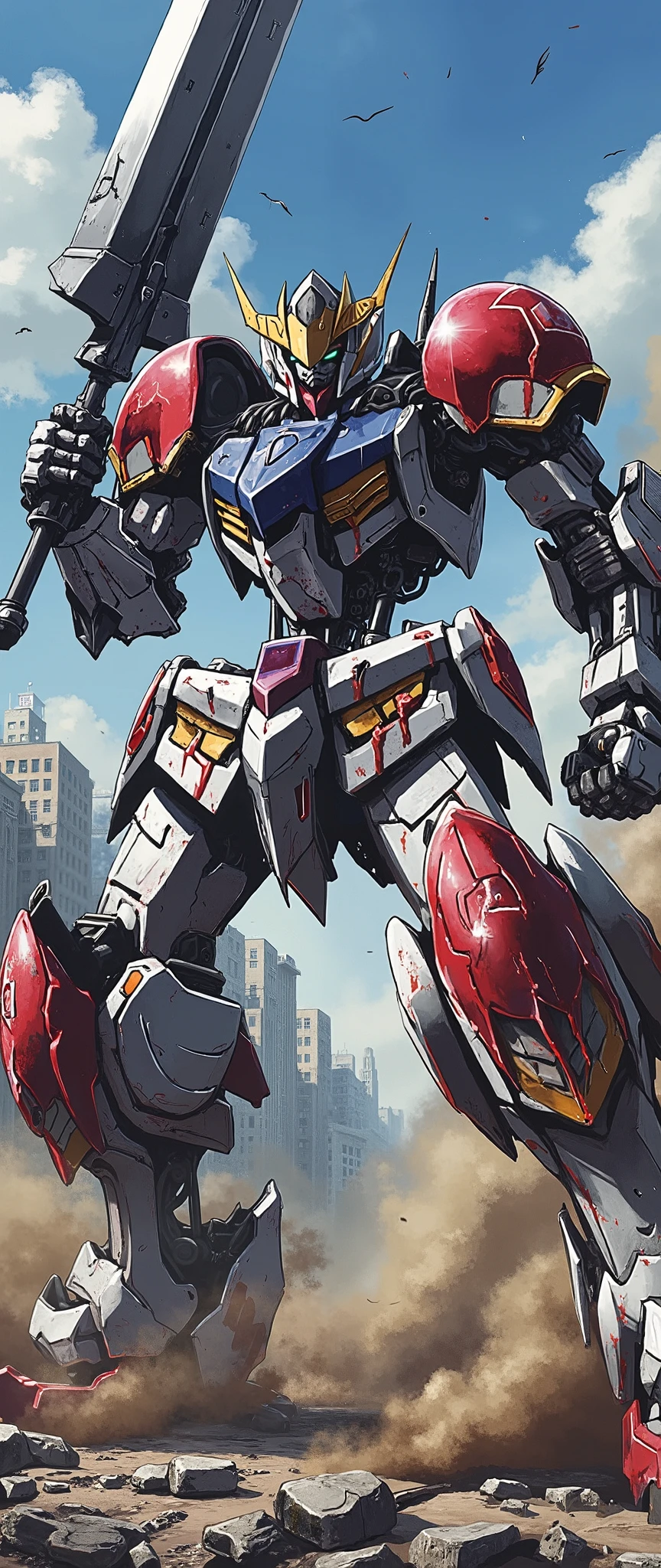 (Giant robots in cities),(gundam_Barbatos ),( The background is a city in battle ),(dynamic),(Hold a large sword with both hands :2.0),( bathed in oil like blood all over the body),(Shining Twin Eyes :2.0),(dust:2.0),(Burning Fire:2.0),( detailed color),( more details:2.0),( from below:2.0)