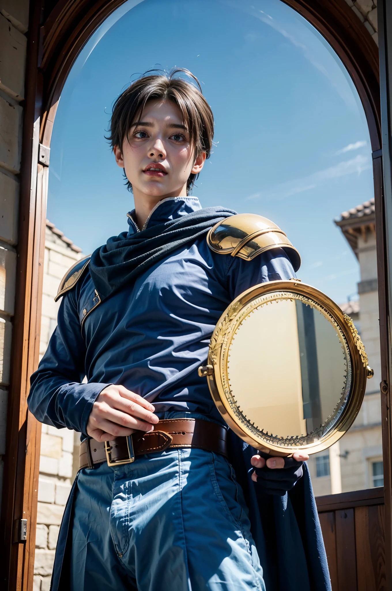 lookingatviewer.(( boy))、((both hands holding mirror SHIELD. ))、shoulderArmor、 blue tunic,longsleeve with glove, belt, Super realistic underpants:1.2、 Masterpiece, best quality , more details、outdoor、from below、upperbody