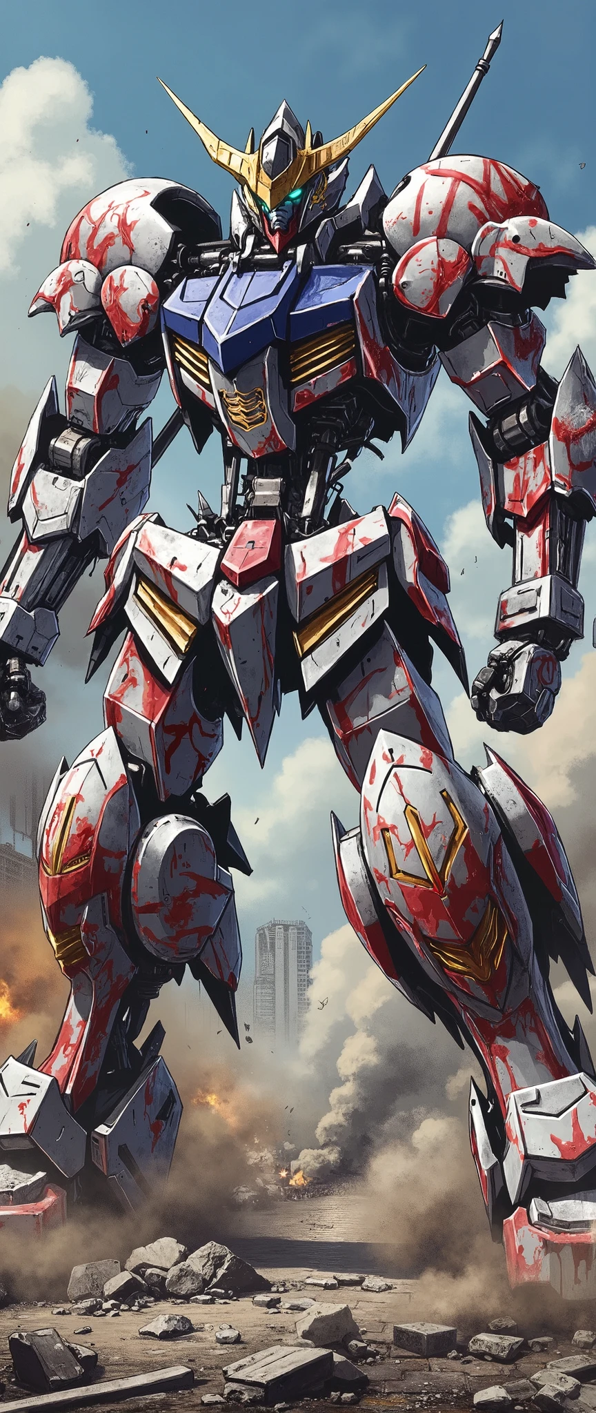 (Giant robots in cities),(gundam_Barbatos ),( The background is a city in battle ),(dynamic),(Hold a large sword like a samurai),( bathed in oil like blood all over the body),(Shining Twin Eyes ),(dust:2.0),(Burning Fire:2.0),( detailed color),( more details:2.0)